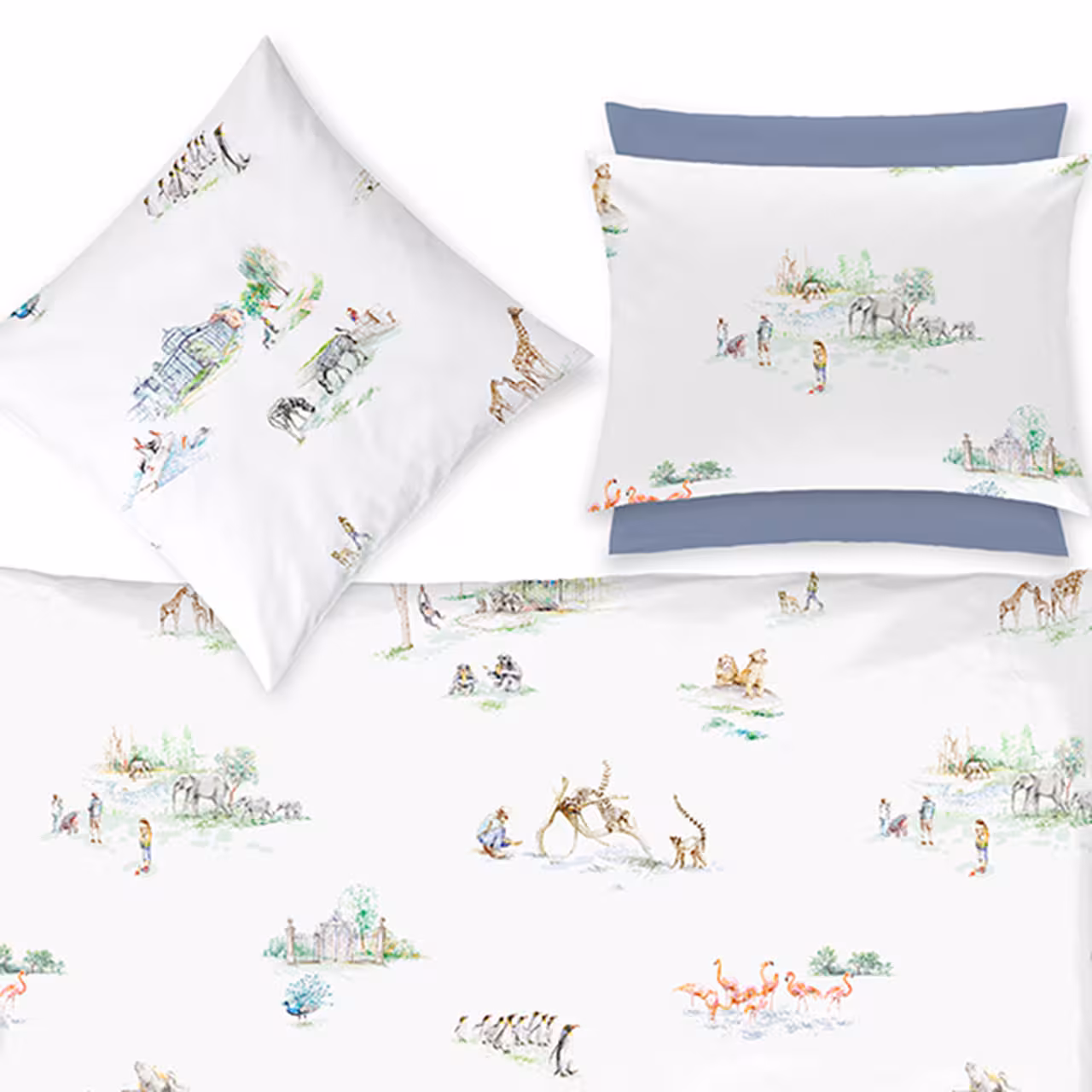Bettwäsche, Kissenbezug, Tiermuster, Weiß, Graublau, 