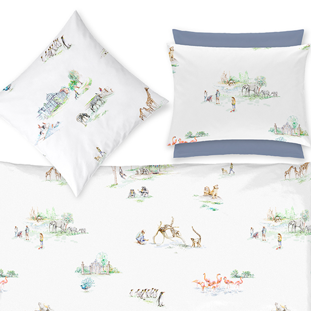 Bettwäsche, Kissenbezug, Tiermuster, Weiß, Graublau, 
