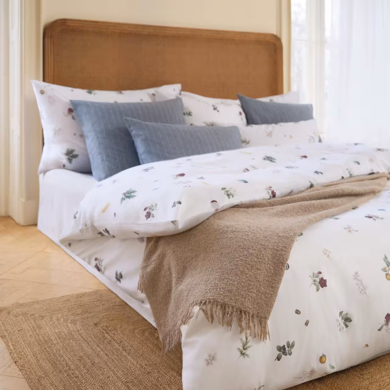 Bettwäsche, Blumenmuster, Kopfkissen, Bettdecke, Jute-/Schalldseite, 