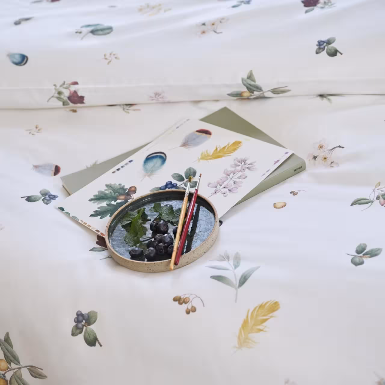 bettwäsche, muster, blumen, naturfarben, accessoires, 