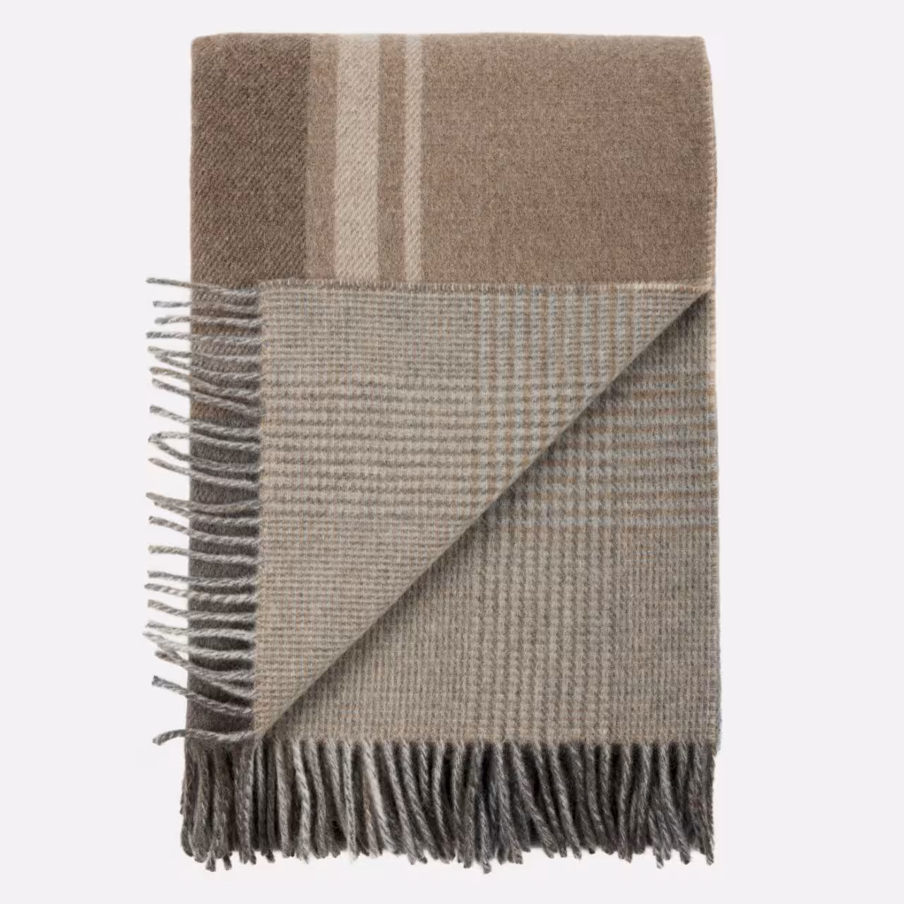 Wollschal, Braun-Beige, Karomuster, Fransen, Gestreift, 