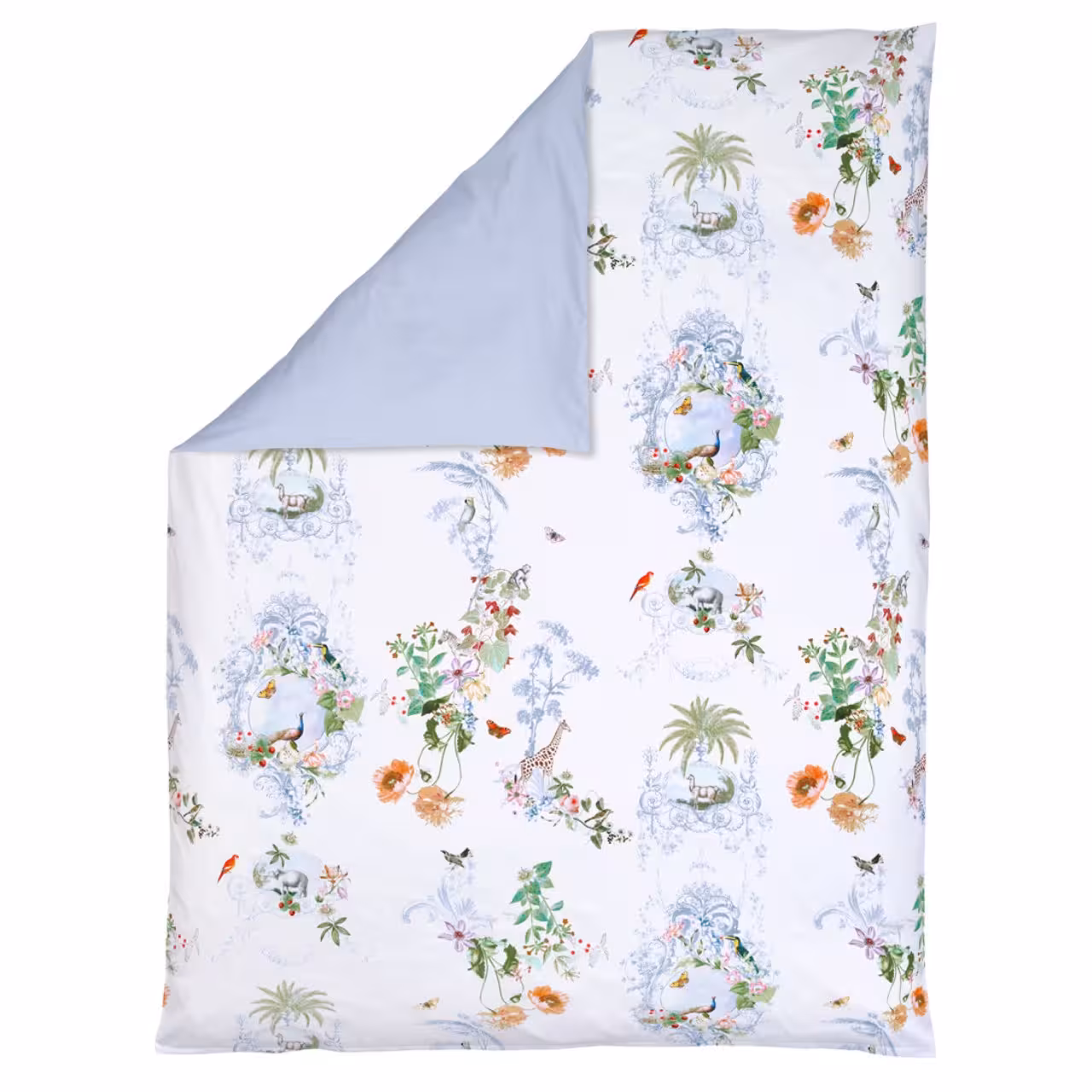 bettwäsche, duvetbezug, tagesdecke, blumenmuster, farblich hell, Bettwäsche Peacock von Christian Fischbacher - Bettdeckenbezug Vorderseite umgeklappt