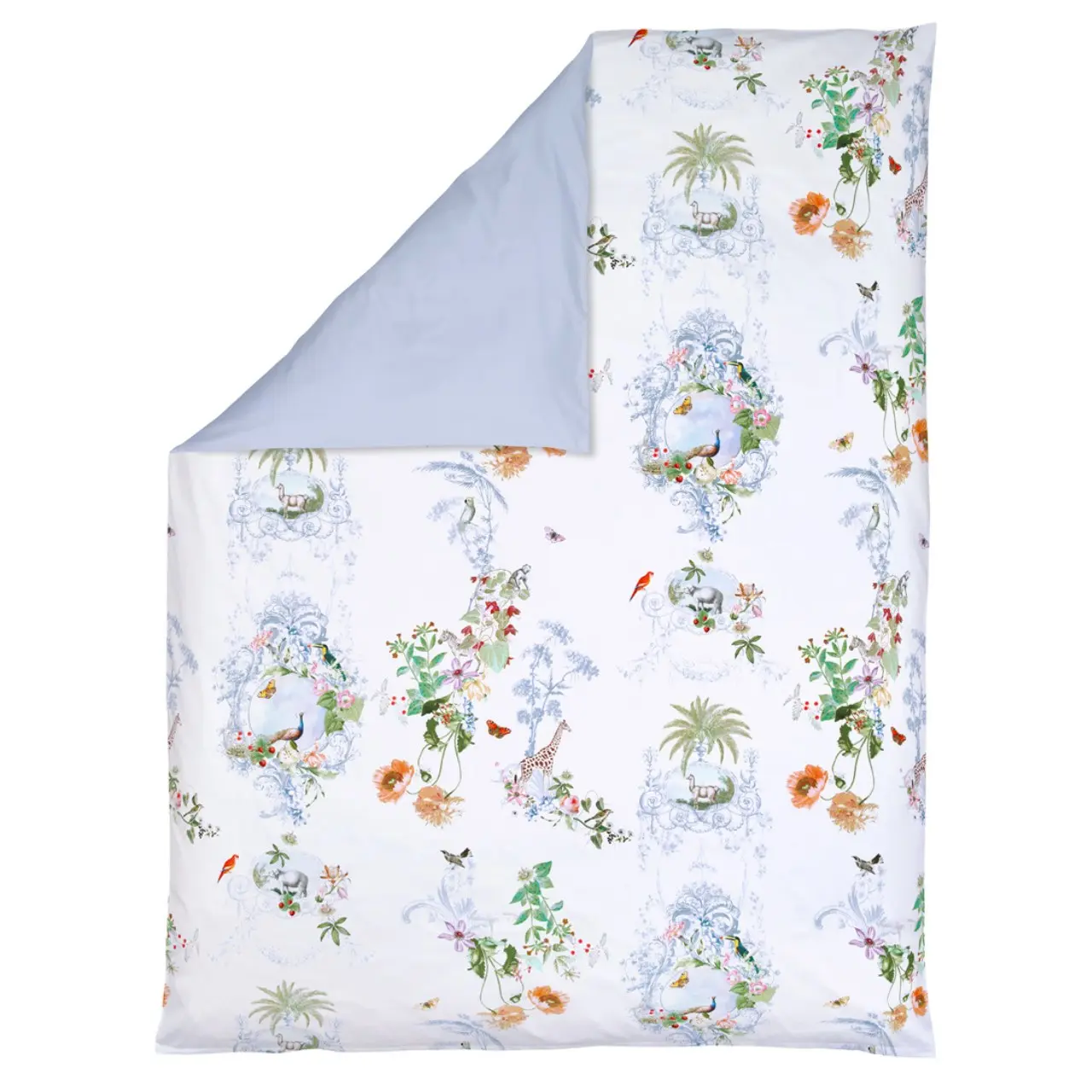 bettwäsche, duvetbezug, tagesdecke, blumenmuster, farblich hell, Bettwäsche Peacock von Christian Fischbacher - Bettdeckenbezug Vorderseite umgeklappt
