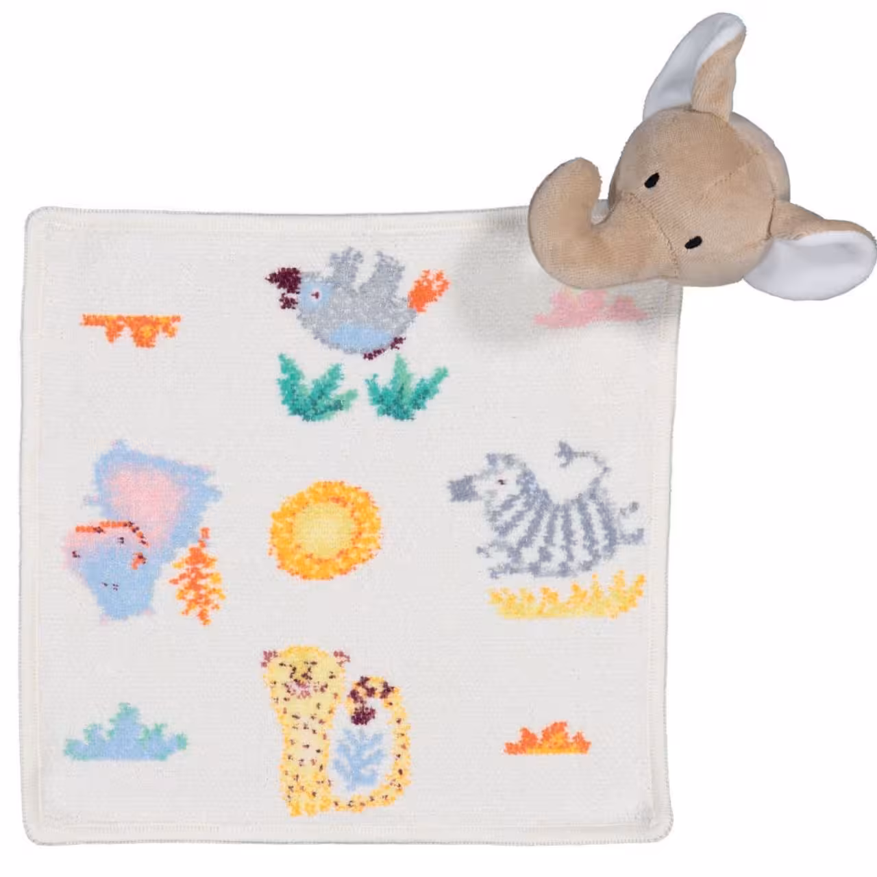 Chenilleserie Wild Safari creme mit bunten Tiermotiven  Schnuffeltuch mit Elefantenkopf