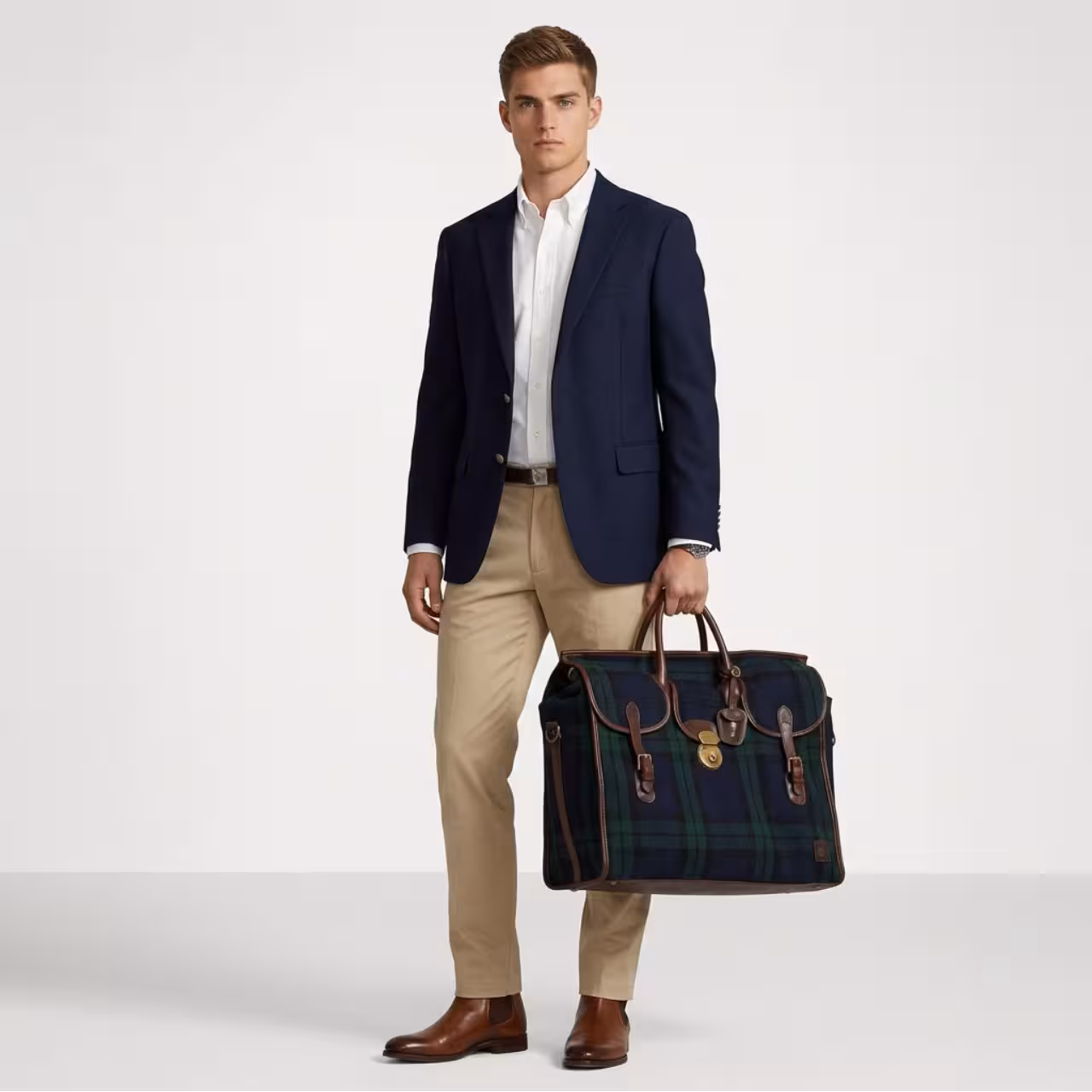 Anzugjacke, Hemd, Chinos, Ledergeldbörse, Reise-/Dufflebag, 