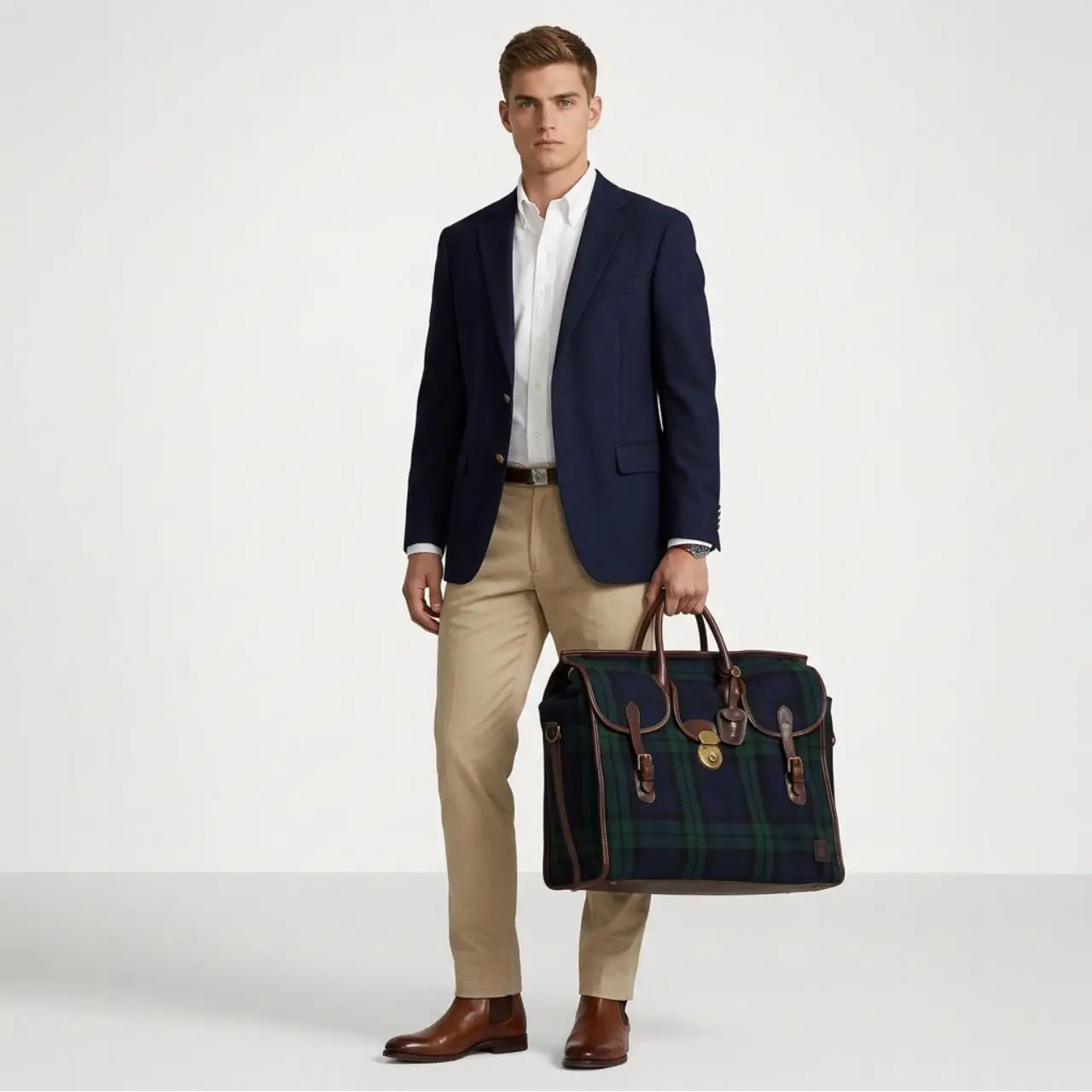 Anzugjacke, Hemd, Chinos, Ledergeldbörse, Reise-/Dufflebag, 