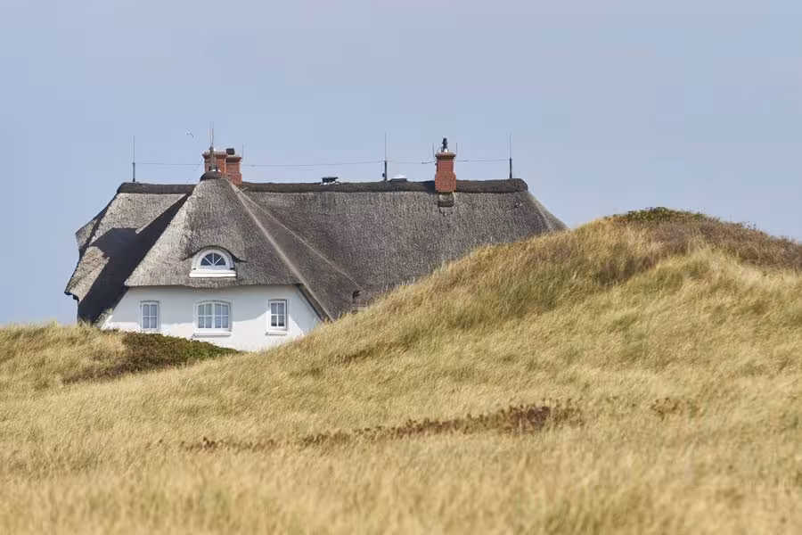 Reetgedecktes Haus hinter Düne