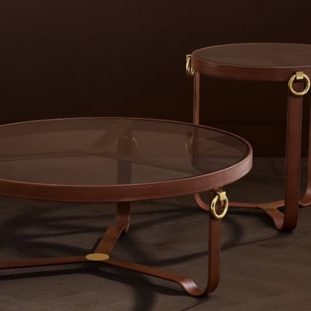 Couchtisch, Glaskomisch, Rundes Tisch, Holztable, Messingbeschläge, 