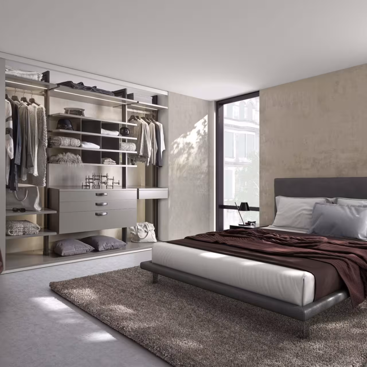 Kleideraufbewahrung ohne Türen in Schlafzimmer