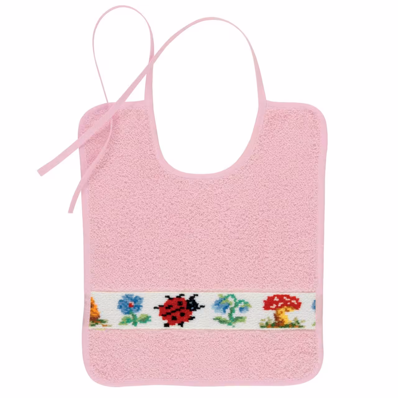 Frottierserie Lätzchen Pauli rosa mit bunter Chenilleborte mit Käfermotiv Draufsicht