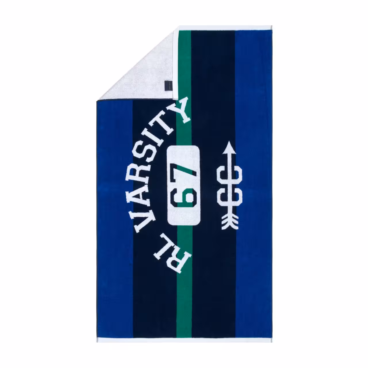 Strandtuch Bates blau, navy, grün, weiß mit Aufschrift Draufsicht