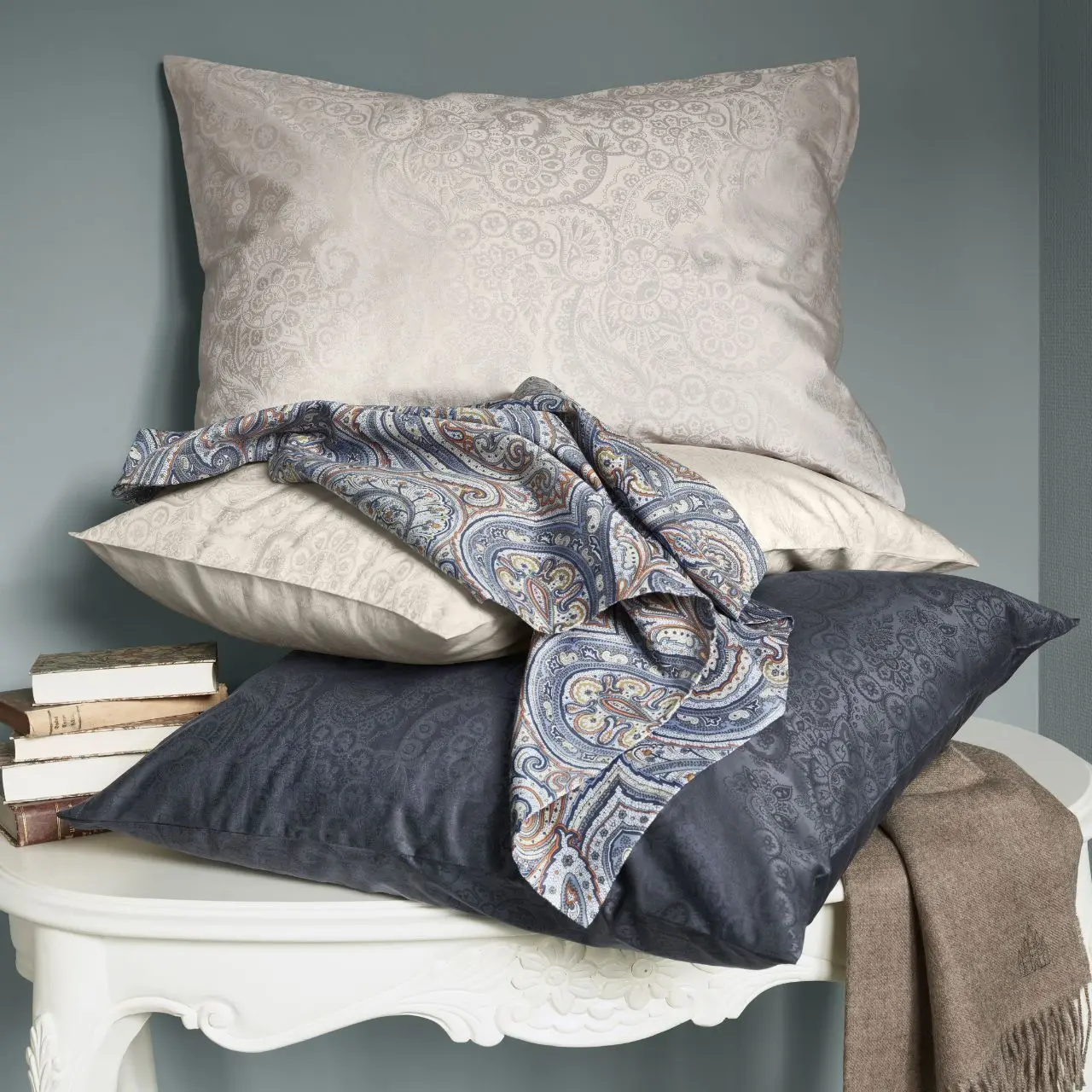 Bettwäsche Kopfkissen Thalis blau, beige und ecru in Schlafzimmer