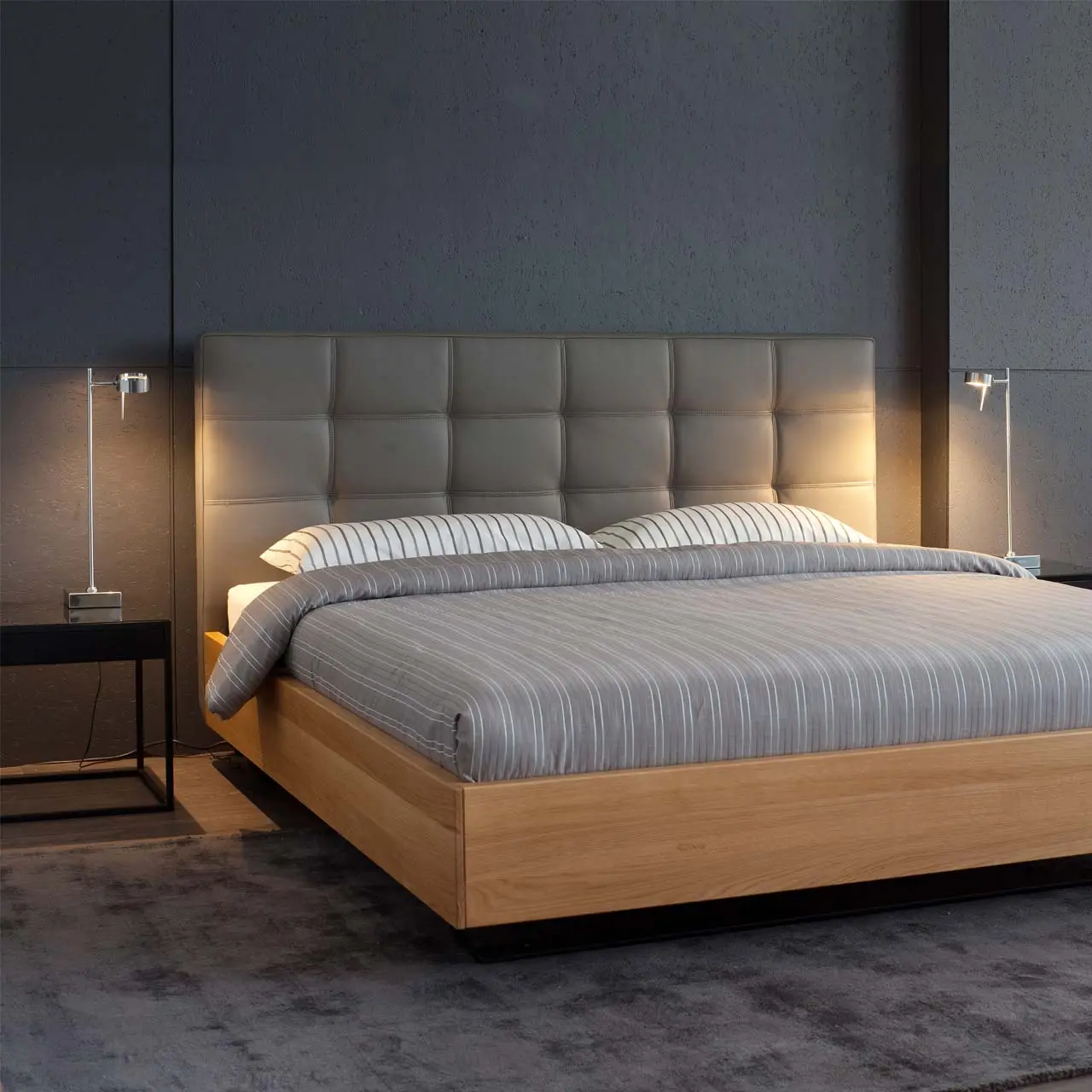 Holzbett Rear helles Holz mit gepolstertem Kopfteil in Schlafzimmer                        