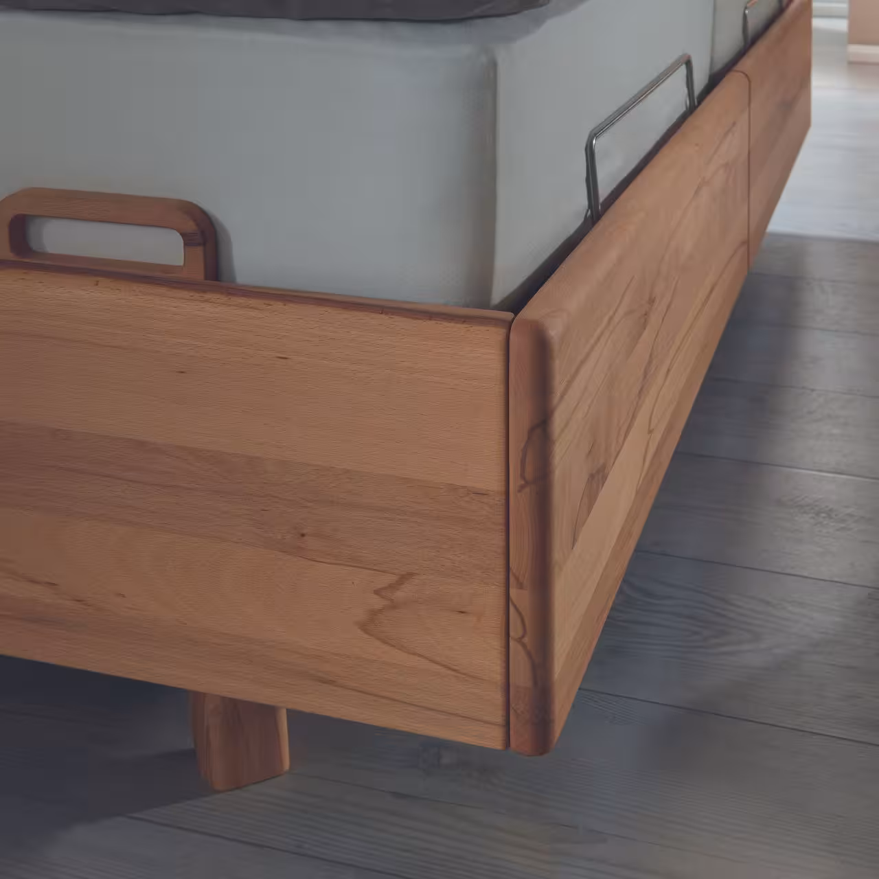 Bett Bergen aus hellem Holz Detail Kante