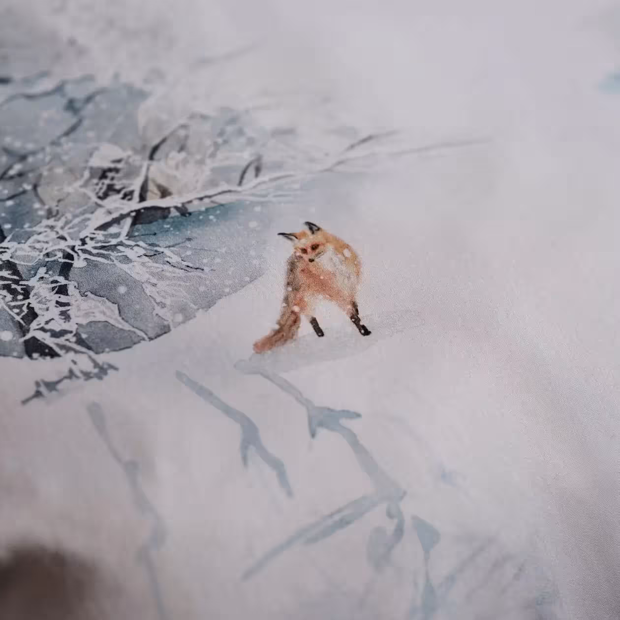 Bettwäschegarnitur Finja weiß mit Winterlandschaft Detail Motiv Fuchs 