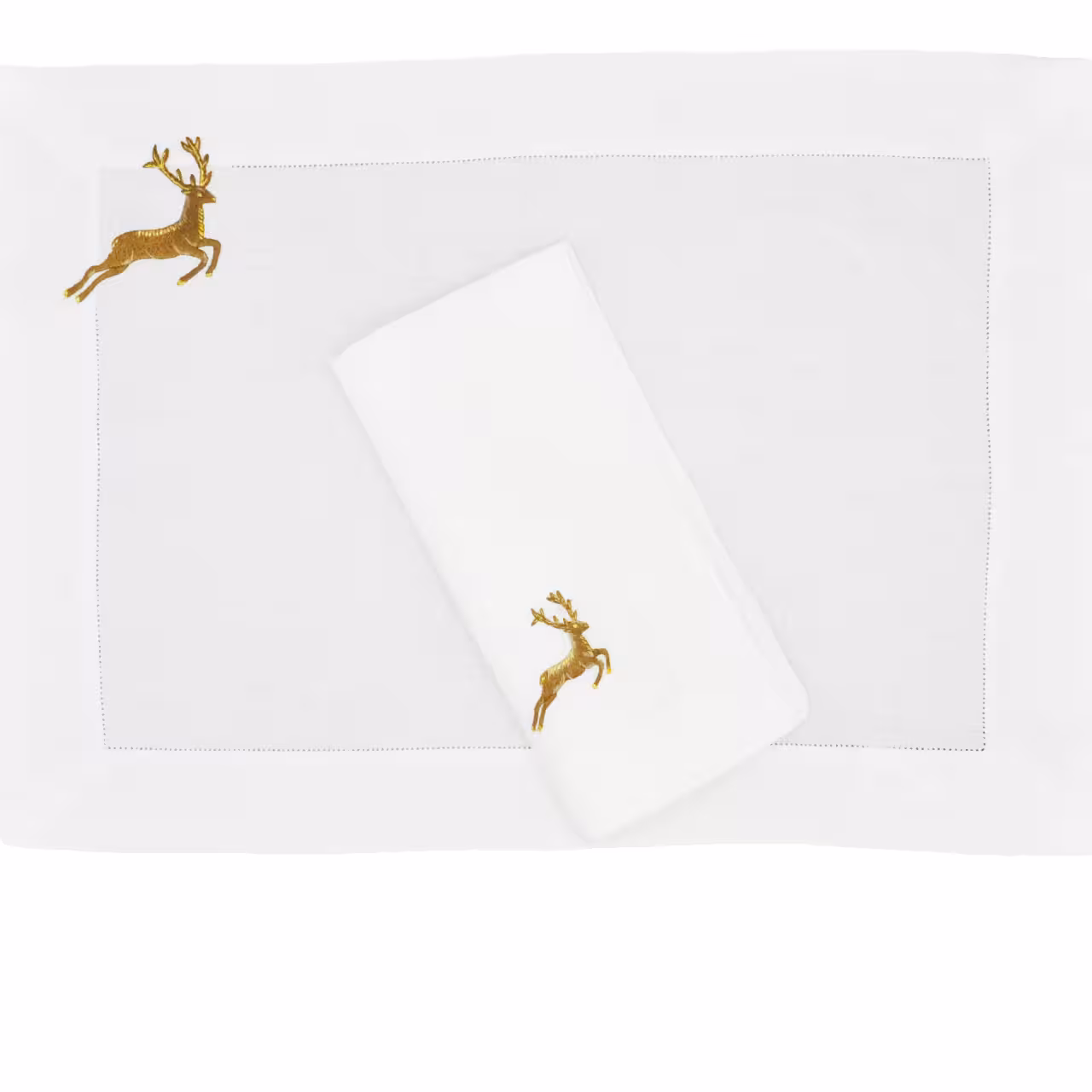 Serviette weiß mit Stickerei Hirsch in gold