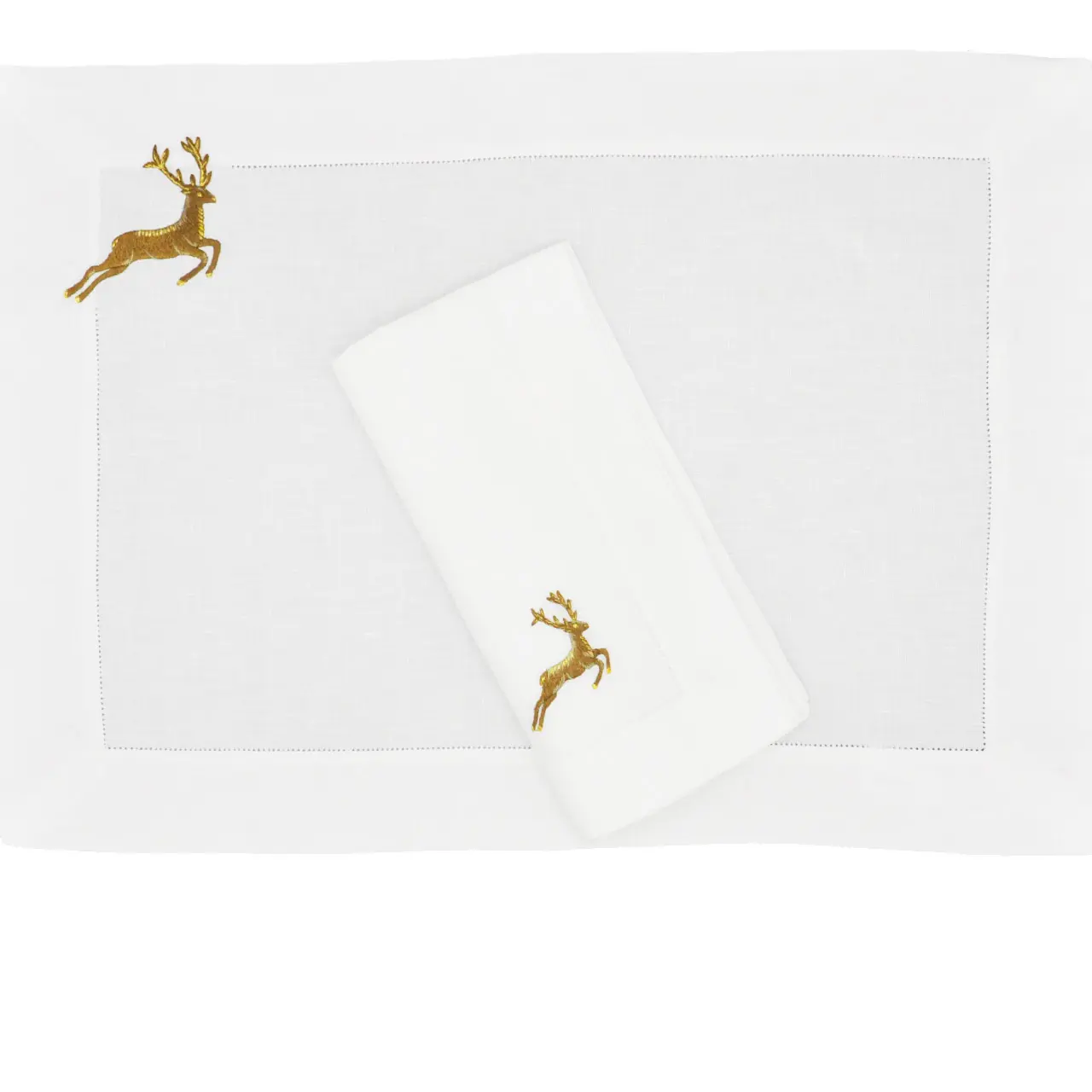 Serviette weiß mit Stickerei Hirsch in gold