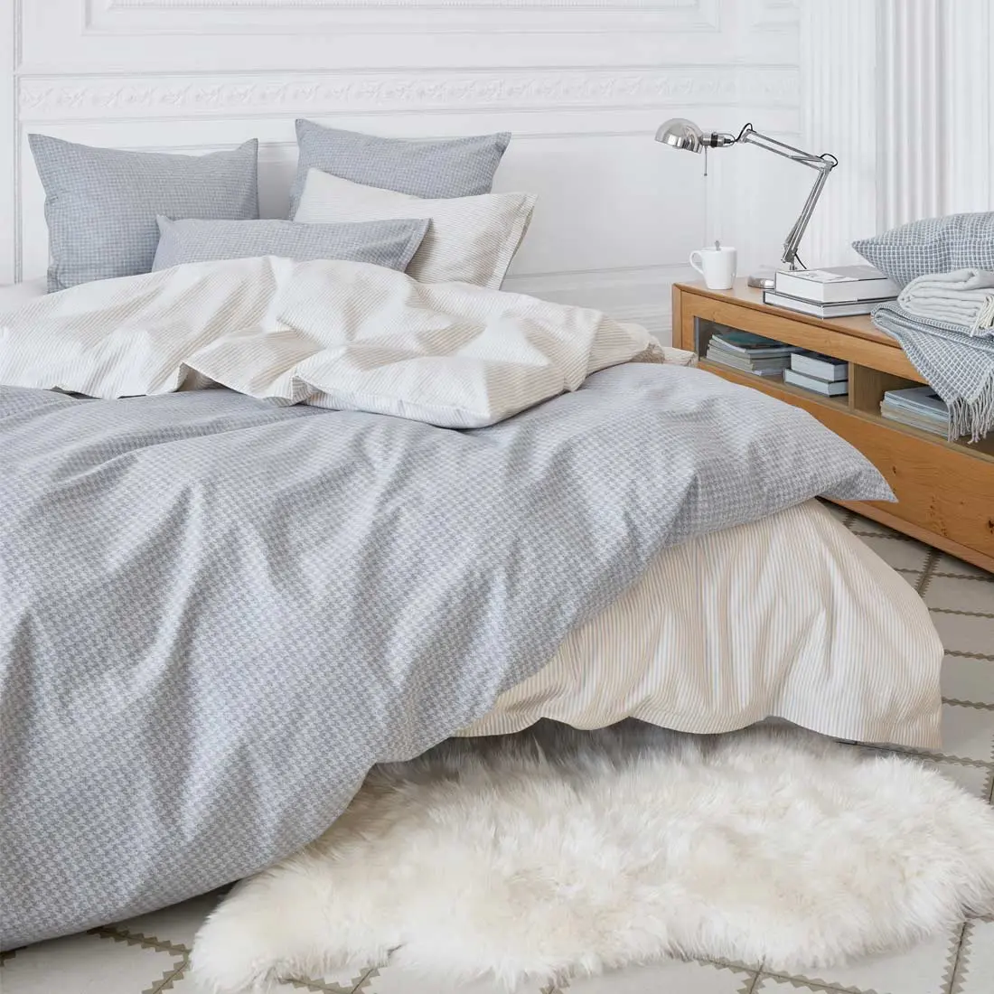 Bettwäschegarnitur Gustav grau beige gestreift in Schlafzimmer