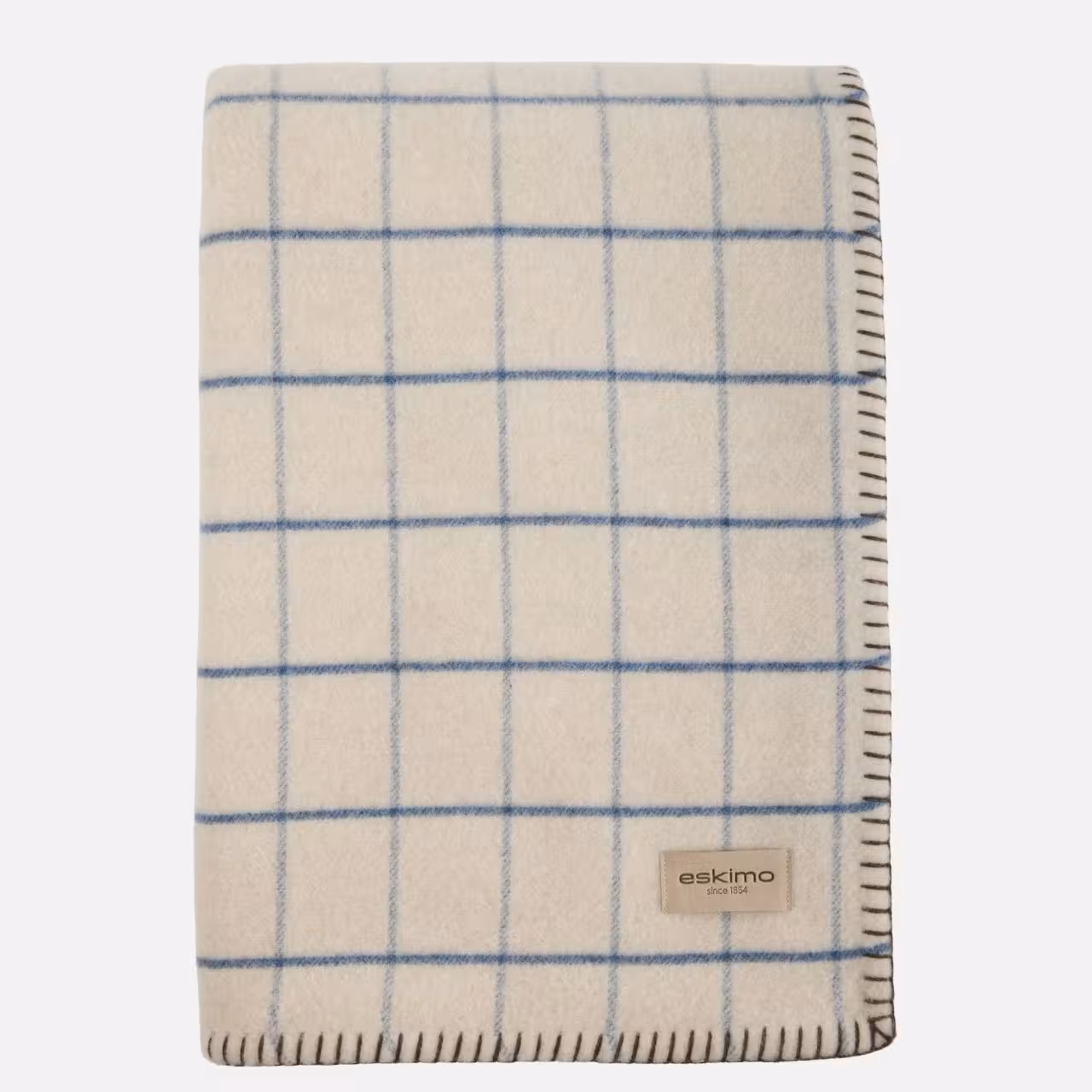 Wolldecke, Cremefarben, Karomuster, Blaue Linien, Fransen, 
