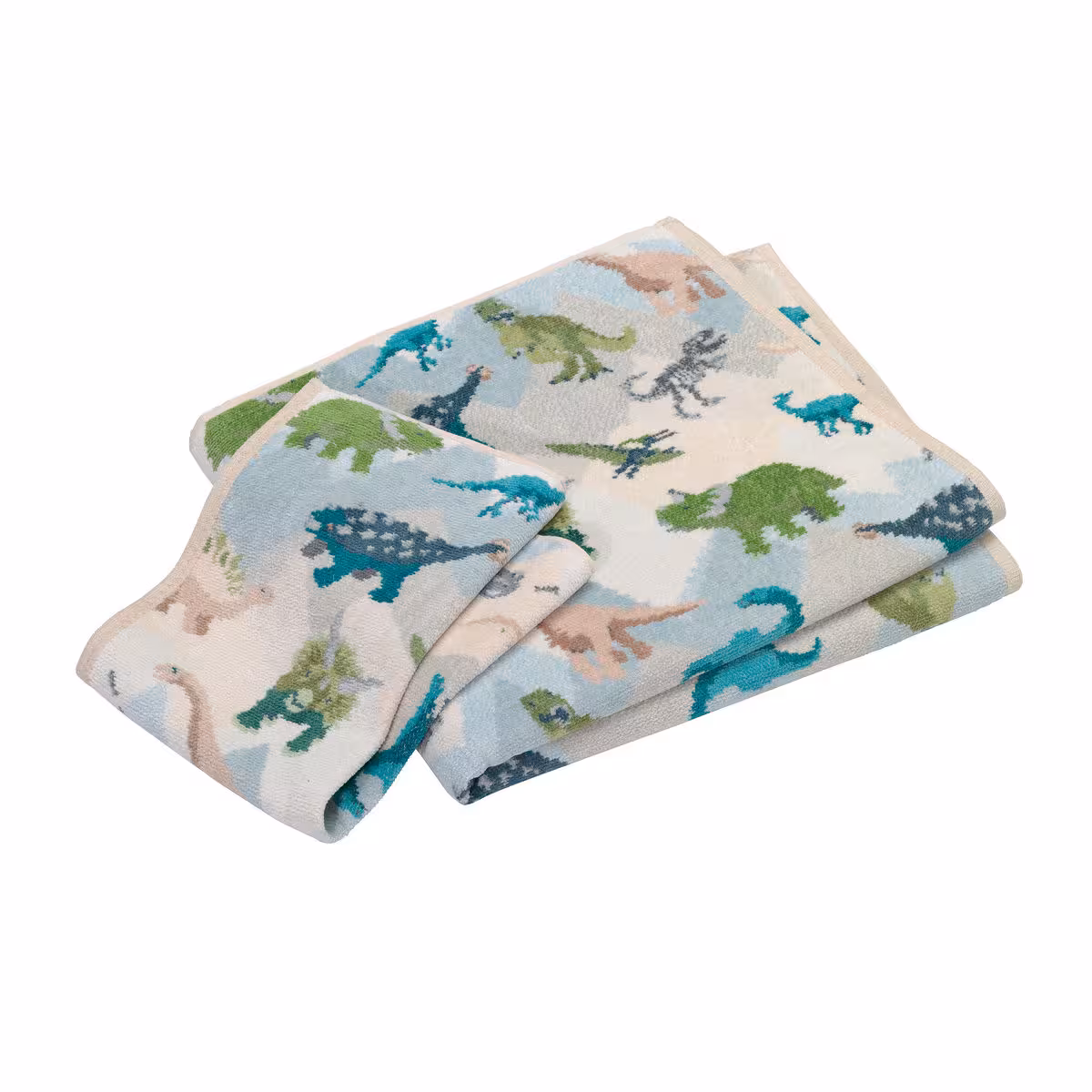 Chenilletuch Jurassic grün und blau mit Dinomotiv gefaltet