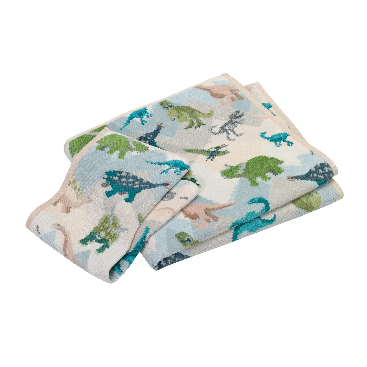 Chenilletuch Jurassic grün und blau mit Dinomotiv gefaltet
