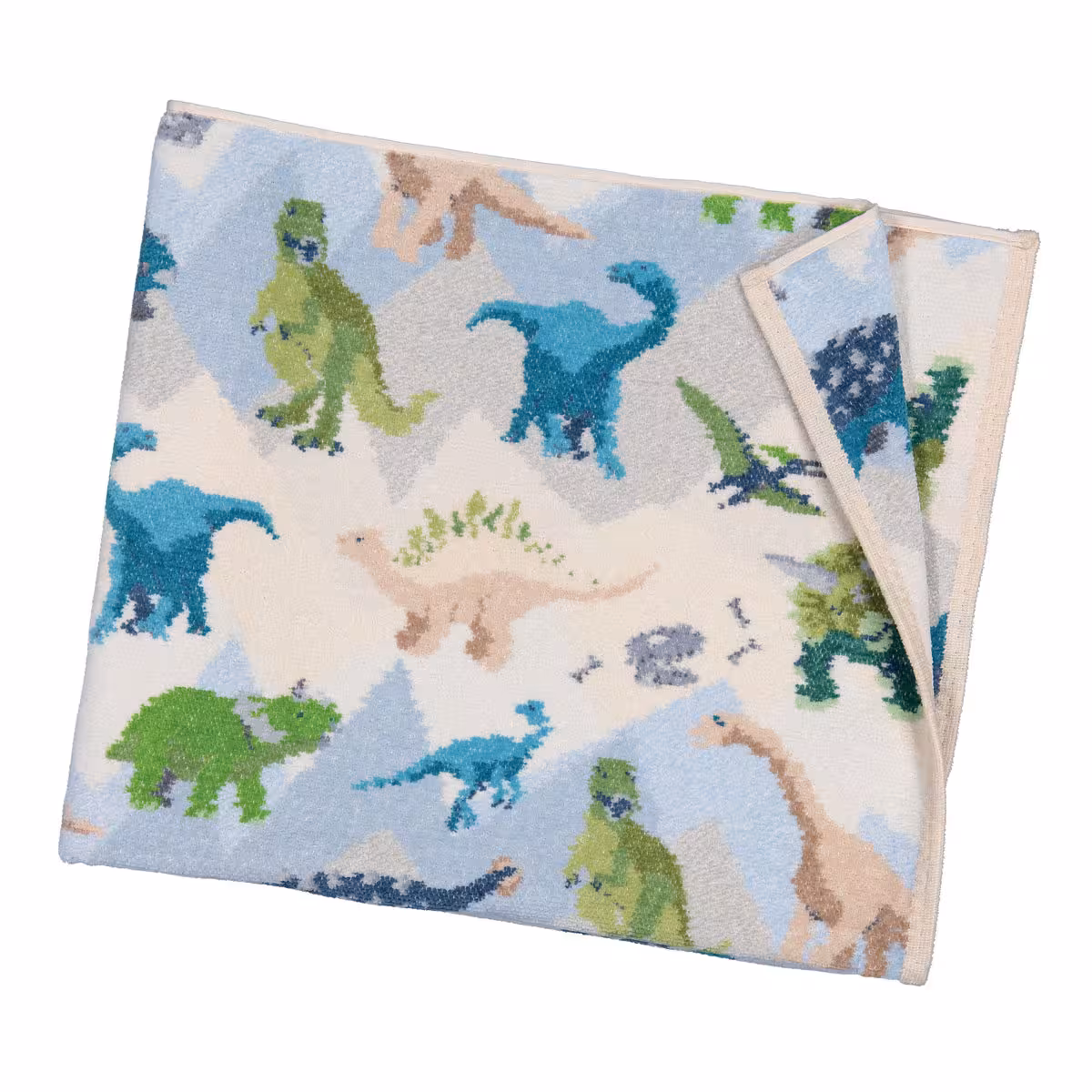 Chenilletuch Jurassic grün und blau mit Dinomotiv gefaltet