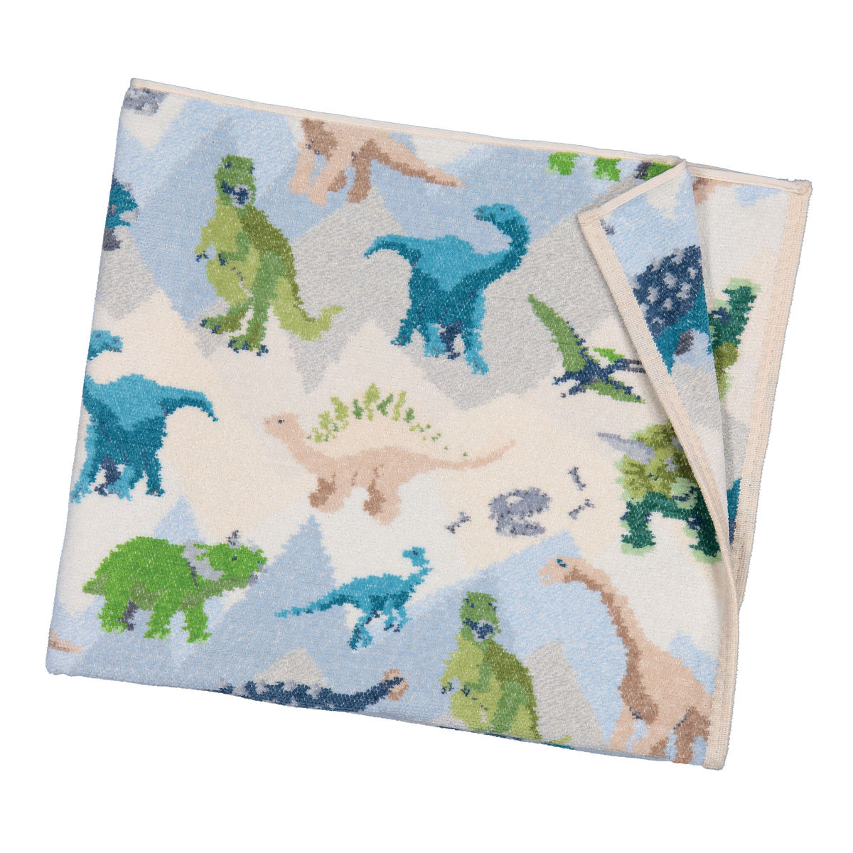 Chenilletuch Jurassic grün und blau mit Dinomotiv gefaltet