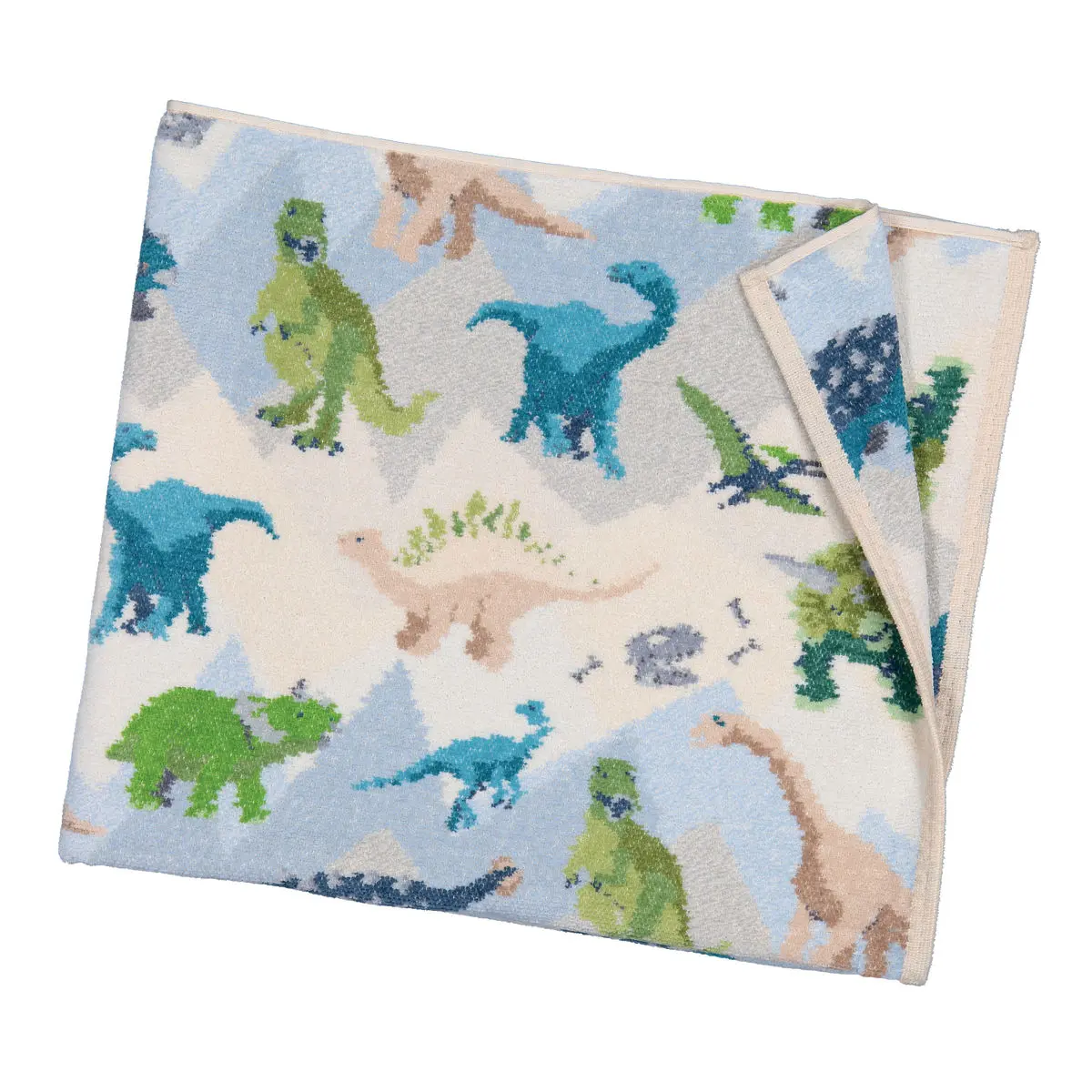 Chenilletuch Jurassic grün und blau mit Dinomotiv gefaltet