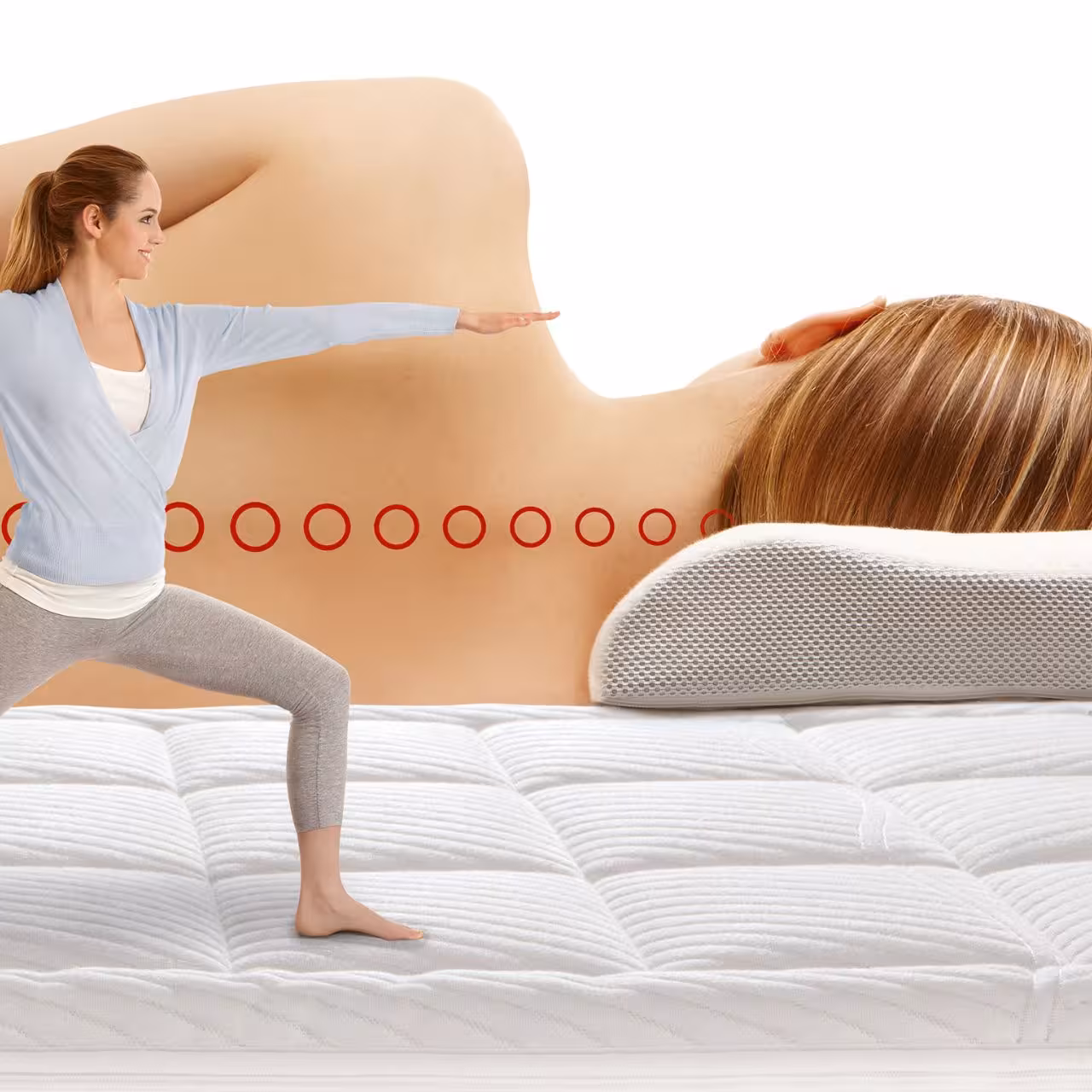 Yoga, Matress, Mattress topper, Cushion support, Exercise pose, Fotomontage Frau in Yogapose 