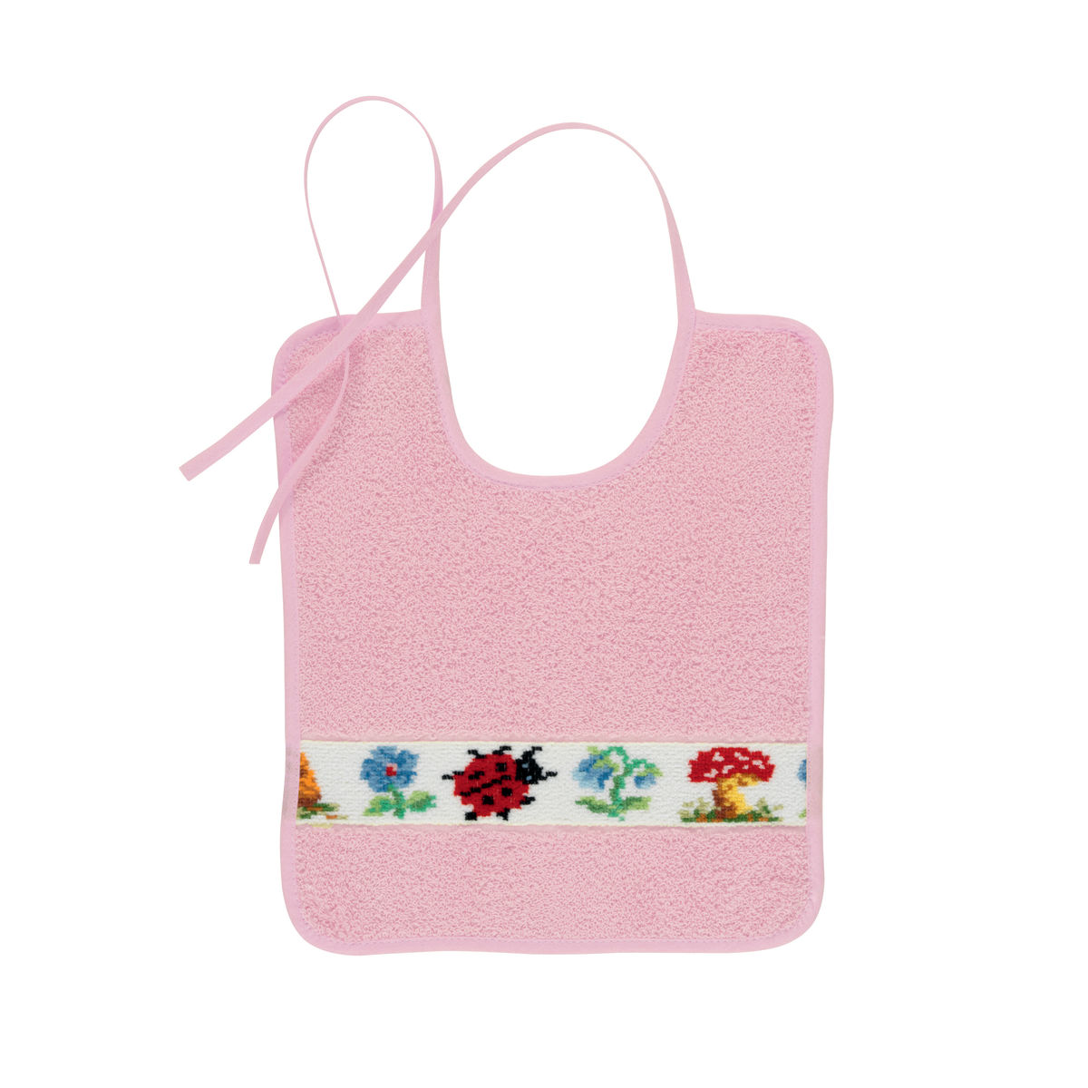 Frottierserie Lätzchen Pauli rosa mit bunter Chenilleborte mit Käfermotiv Draufsicht