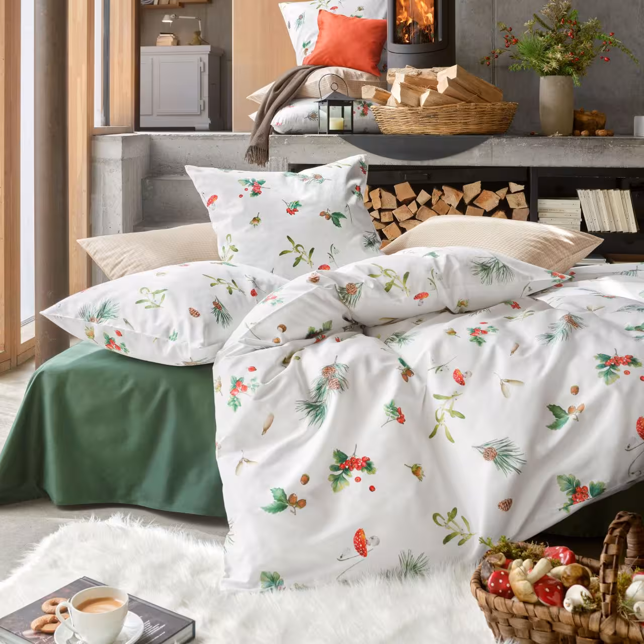 Bettwäsche Hazel weiß mit botanischem Muster in Schlafzimmer