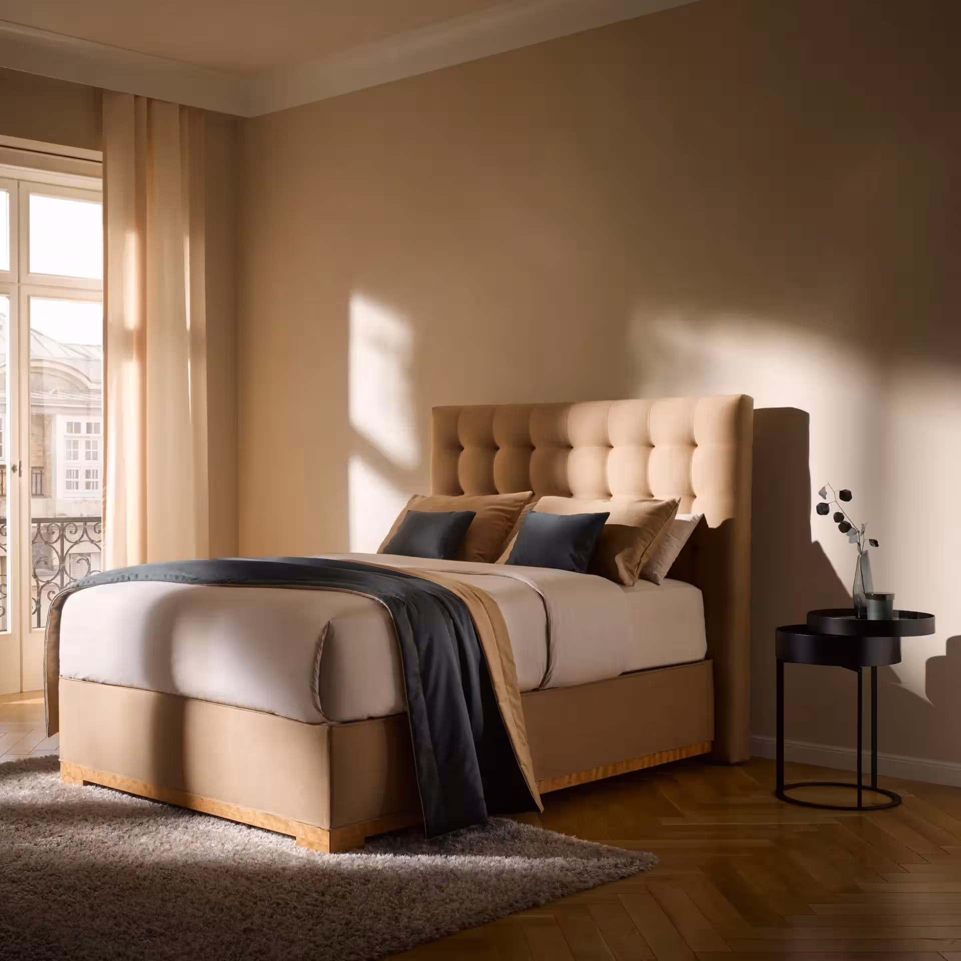 Beigefarbenes Bett in Ambiente