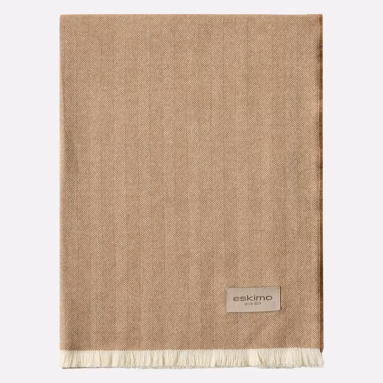 Wolldecke, Beige, Fischgrätmuster, Fransen, Gewebt, 