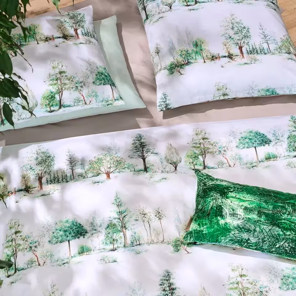 Bettwäschegarnitur Trees grün weiß gemustert Detail