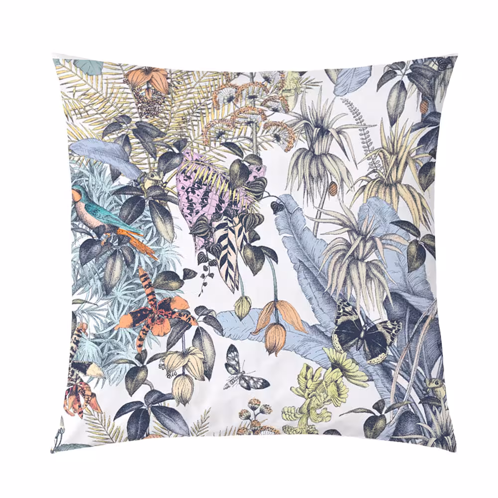 kissen, kissenbezug, tropischer print, pflanzenmuster, tropenpflanzen, Kissenbezug Perelin buntes Blumenmuster Draufsicht