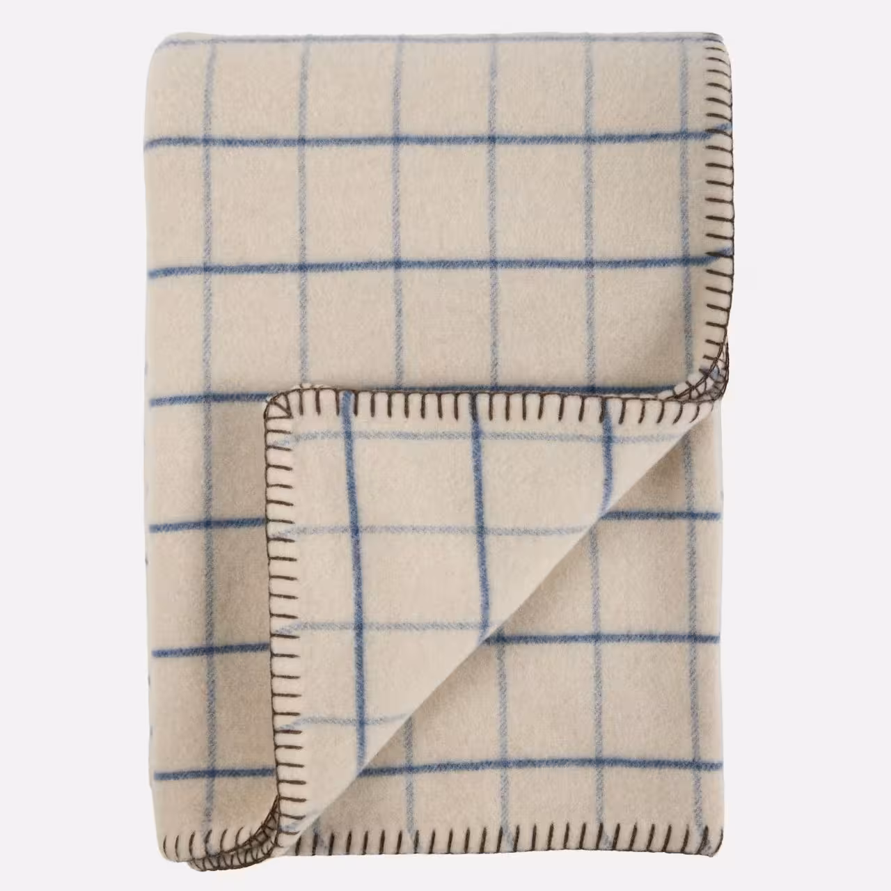 Wolldecke, Karomuster, Beige-blau, Fransenstich, Wendedecke, 