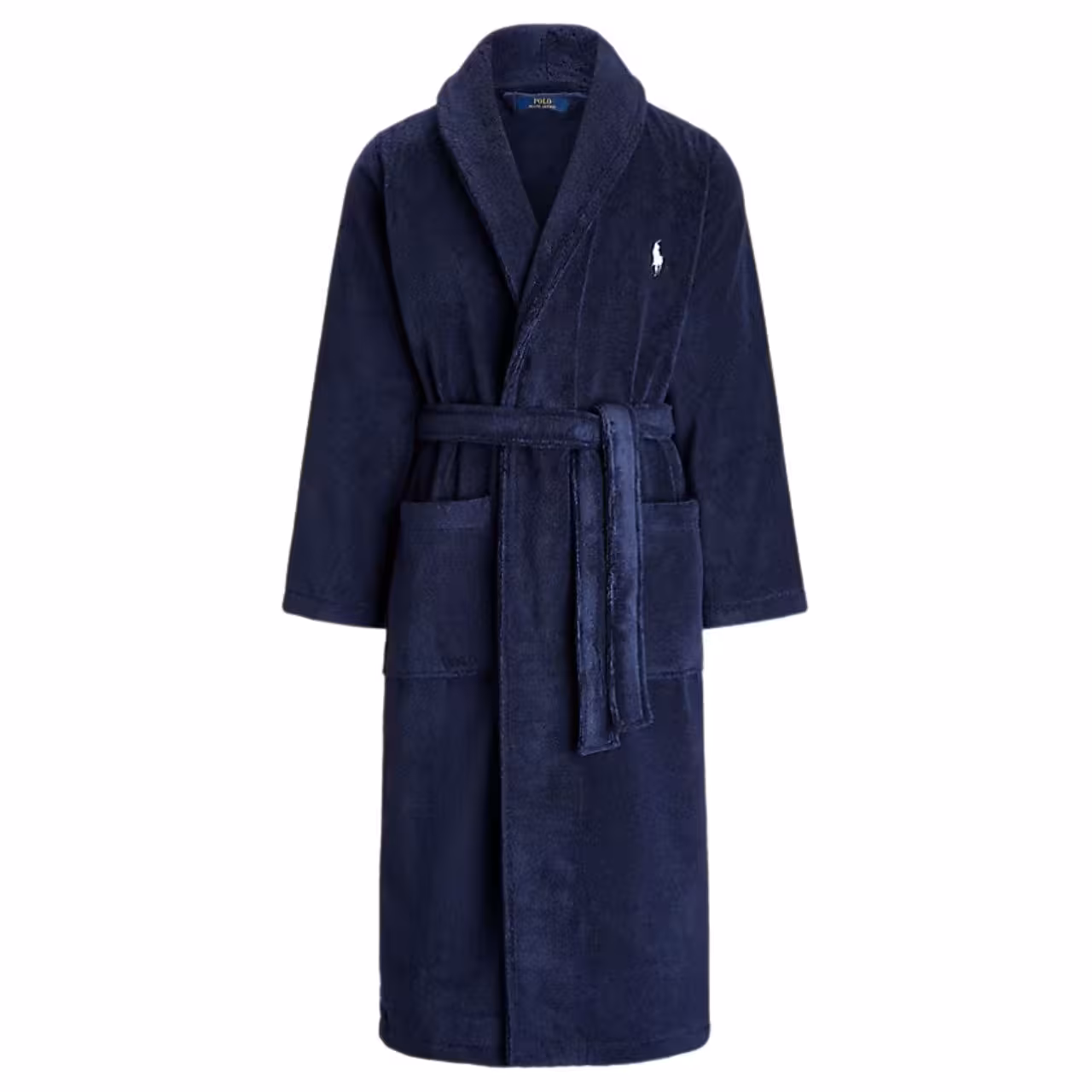 Bademantel, Nachtwäsche, Frottee, Blaue Farbe, Gürtel/Bindegürtel, Bademantel Polo Ralph Lauren in dunkelblau vor weiß