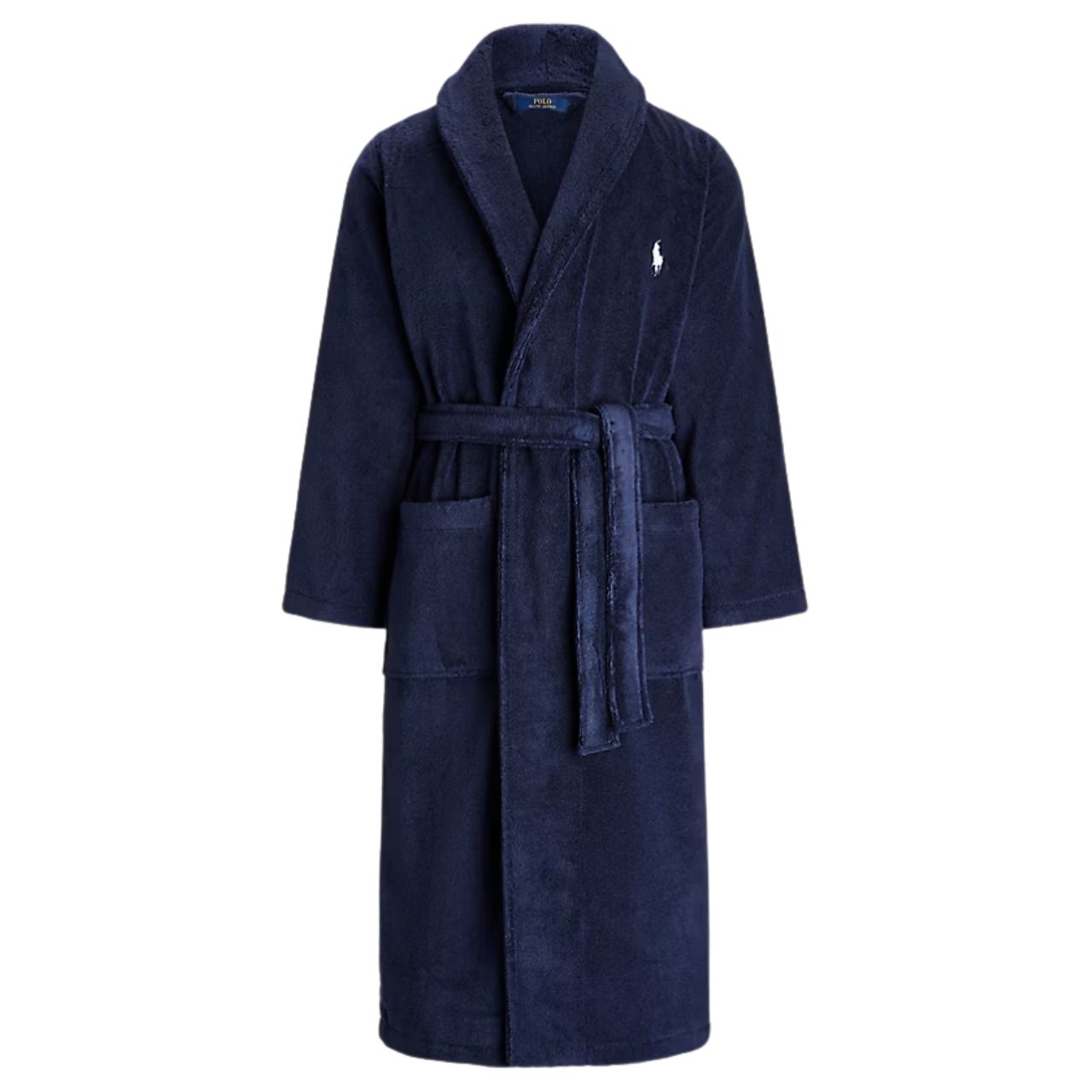 Bademantel, Nachtwäsche, Frottee, Blaue Farbe, Gürtel/Bindegürtel, Bademantel Polo Ralph Lauren in dunkelblau vor weiß