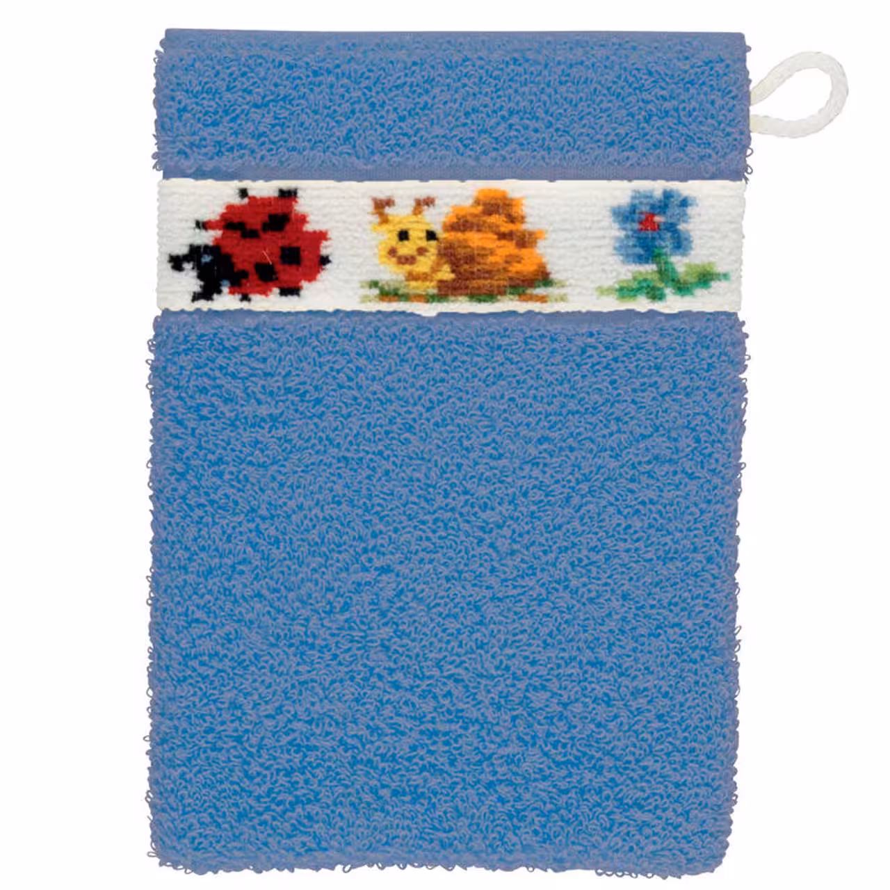 Waschhandschuh Pauli azurblau mit bunter Chenilleborte mit Käfermotiv Draufsicht
