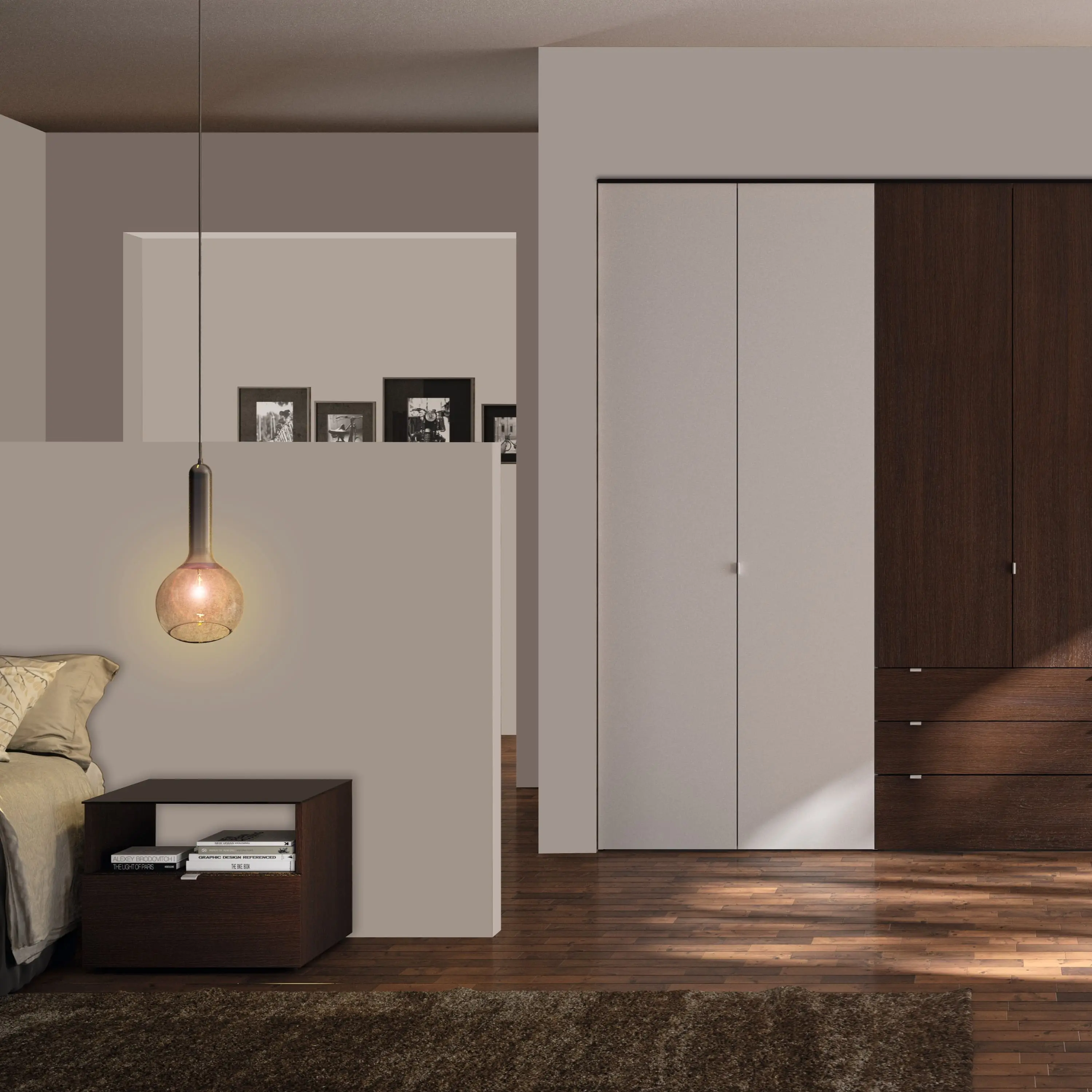 Einbauschrank Beta weiß und holzfarben in Schlafzimmer Ambiente