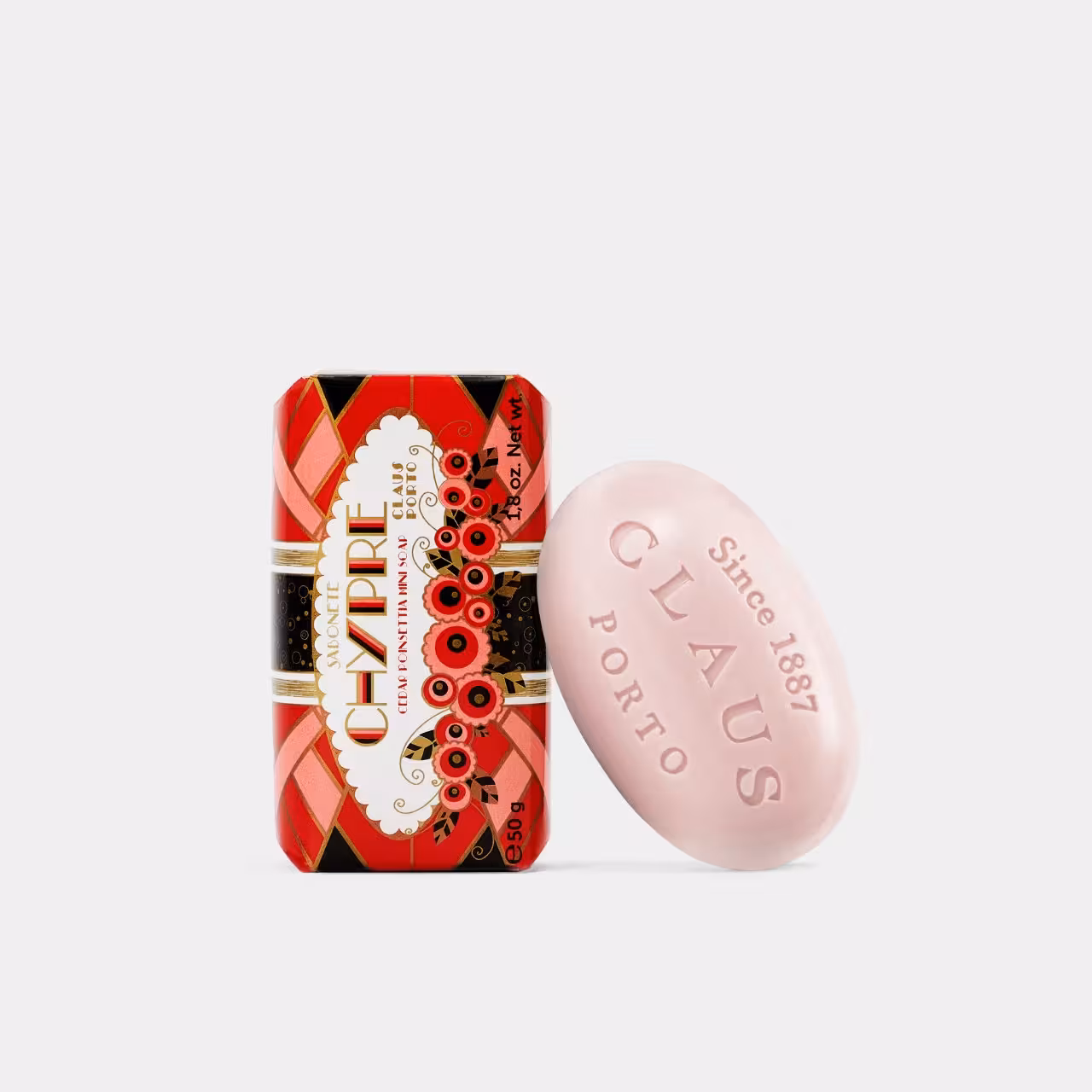 Seife Chypre Verpackung schwarz rot gold mit rosa Seifenstück