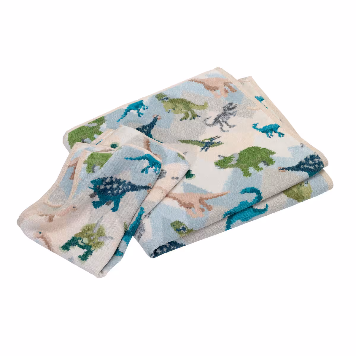Chenilletuch Jurassic grün und blau mit Dinomotiv gefaltet