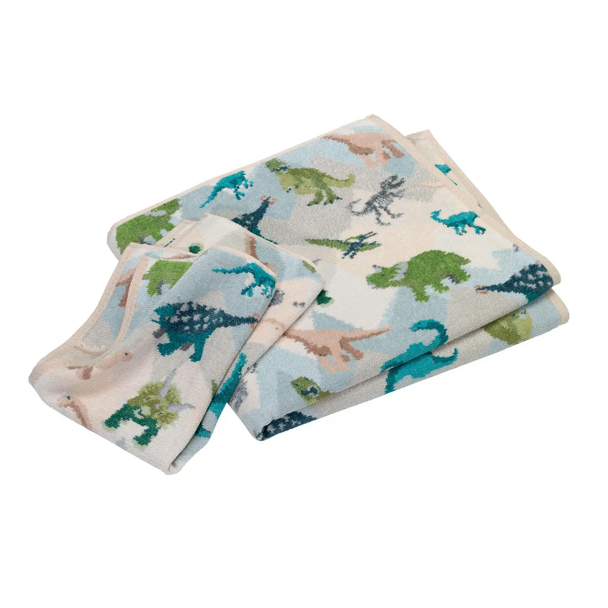 Chenilletuch Jurassic grün und blau mit Dinomotiv gefaltet