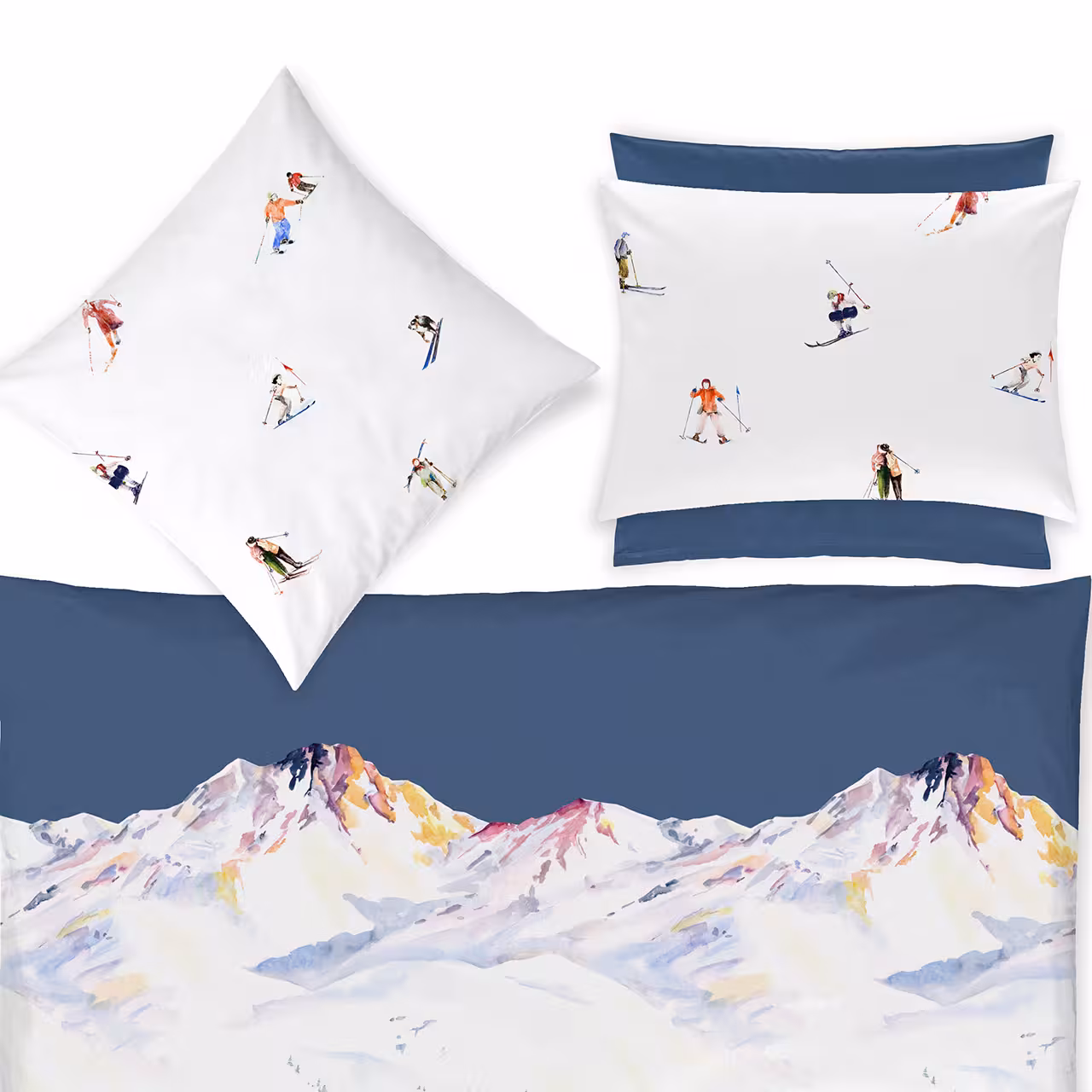 Bettwäsche, Berglandschaft, Skitafeln, Skifahrer, Winter, 