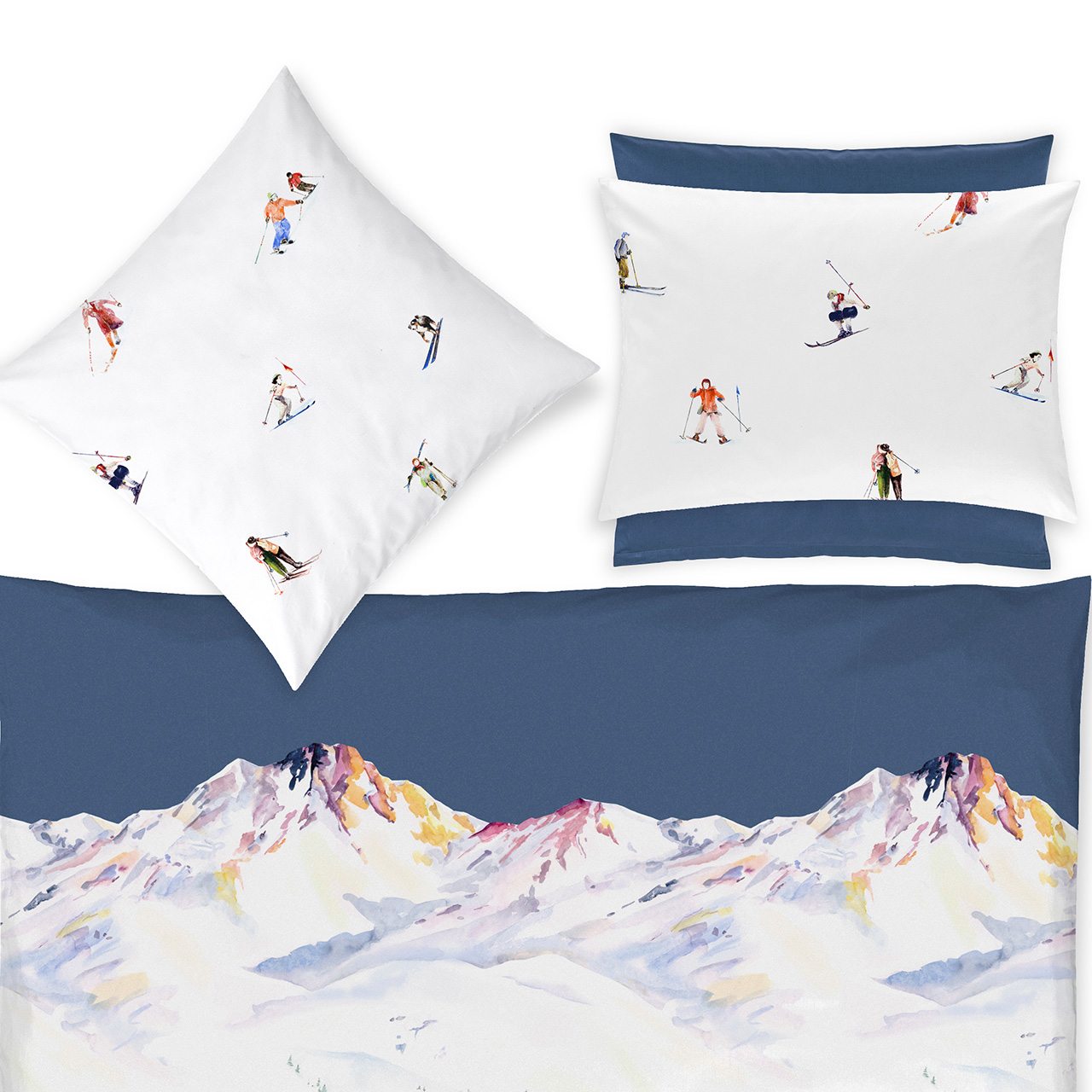 Bettwäsche, Berglandschaft, Skitafeln, Skifahrer, Winter, 