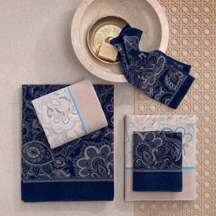 Chenilletuchserie Djamal dunkelblau mit Paisleymuster