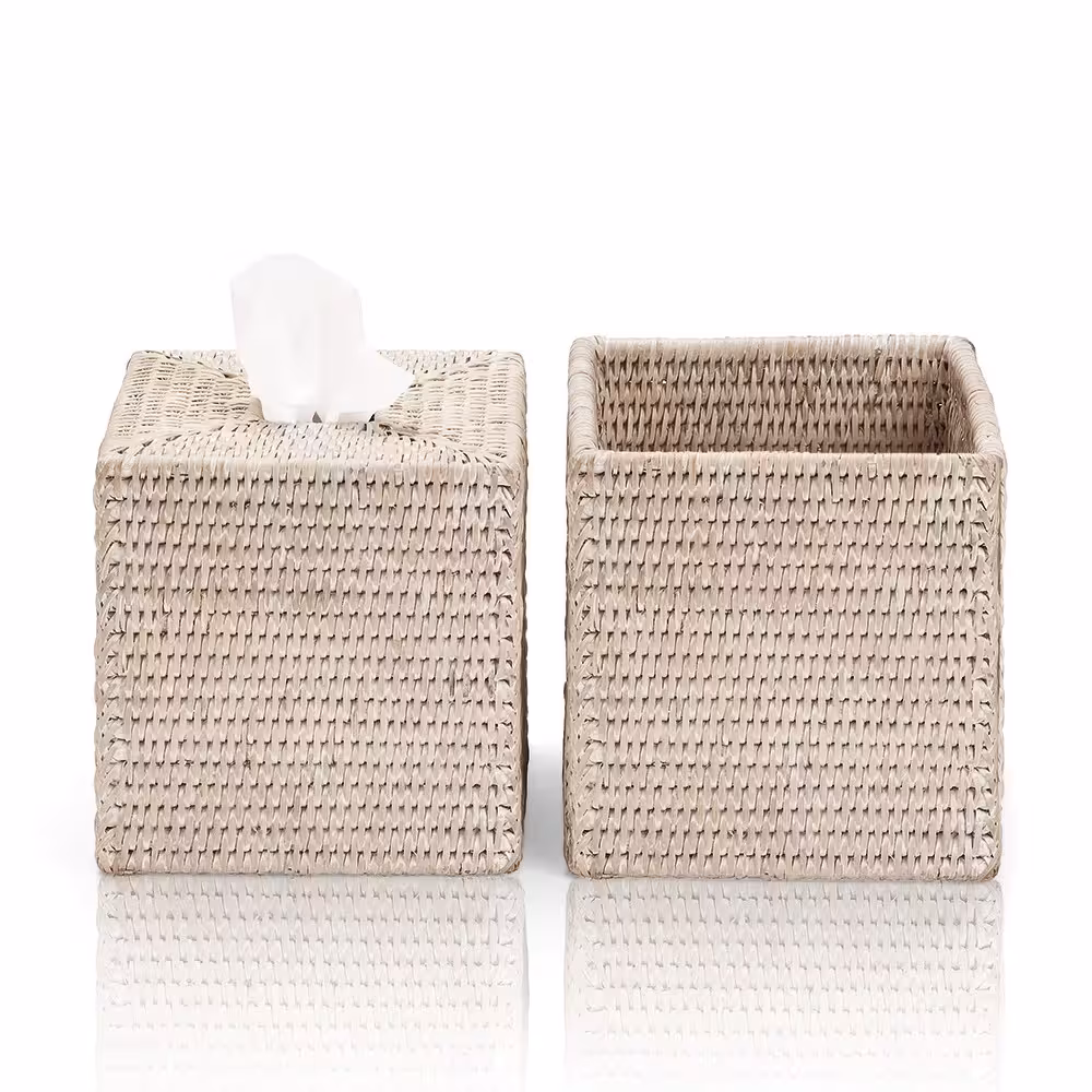 Badaccessoires Utensilo und Tuchbox aus Geflecht beige
