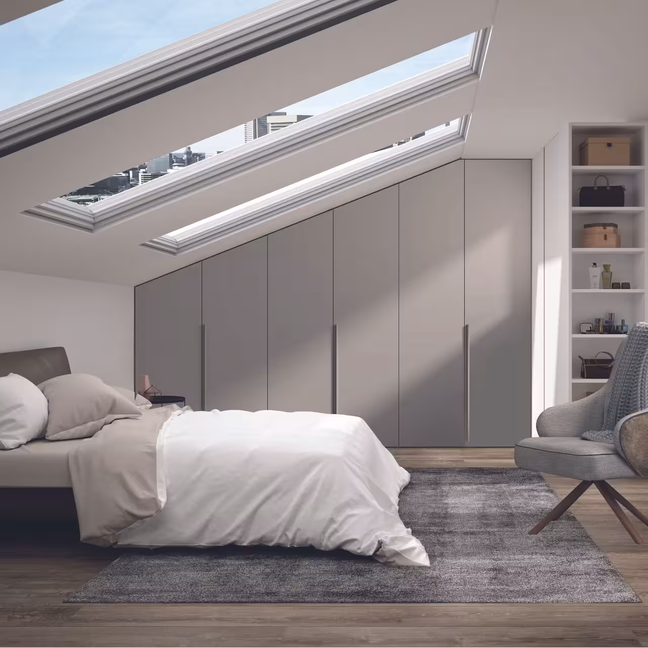 Einbauschrank grau unter Dachschräge