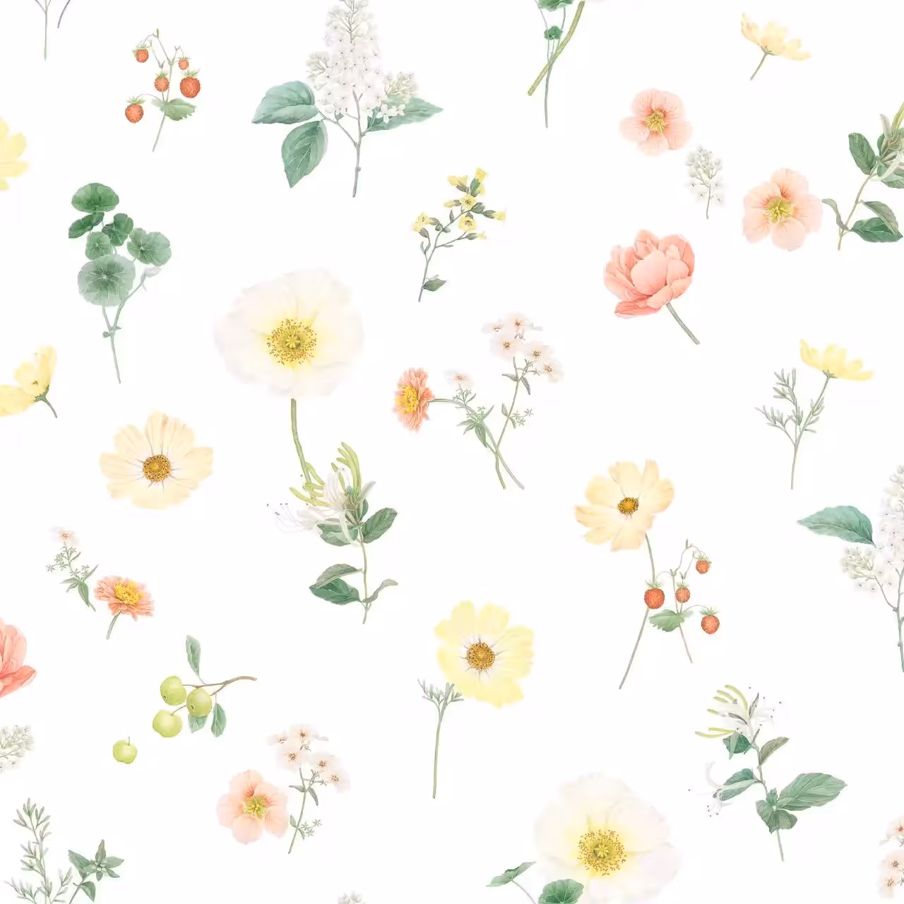 Stoffmuster Zinnia weiß mit bunten Blumen