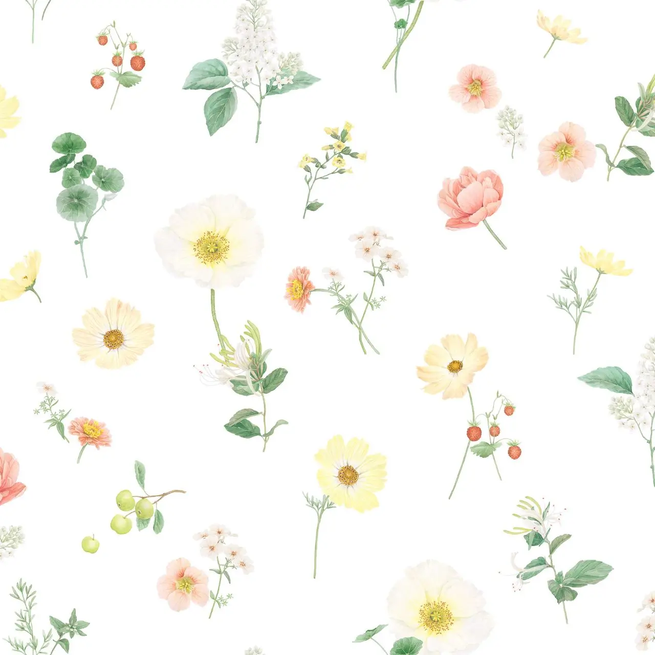 Stoffmuster Zinnia weiß mit bunten Blumen